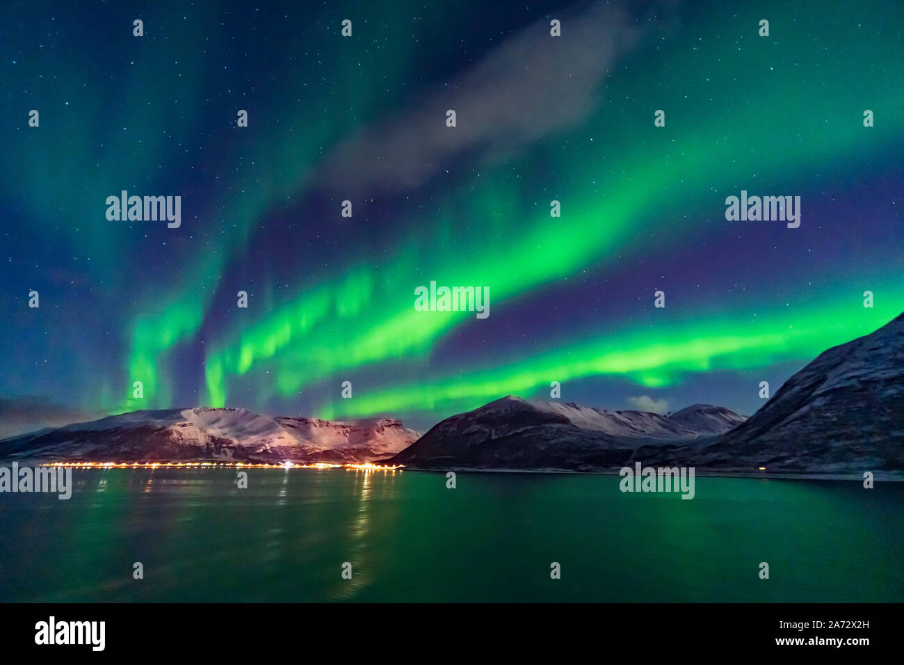 A fine display of aurora in curtains across the north, October 19, 2019, observed from the upper Deck 9 of the ms Trollfjord on the southbound voyage Stock Photo