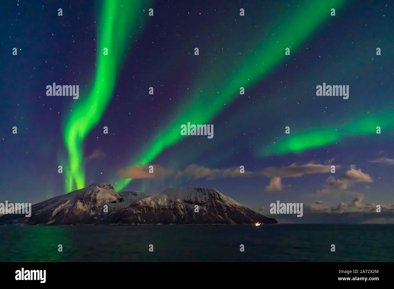 A fine display of aurora in curtains across the north, October 19, 2019, observed from the upper Deck 9 of the ms Trollfjord on the southbound voyage Stock Photo