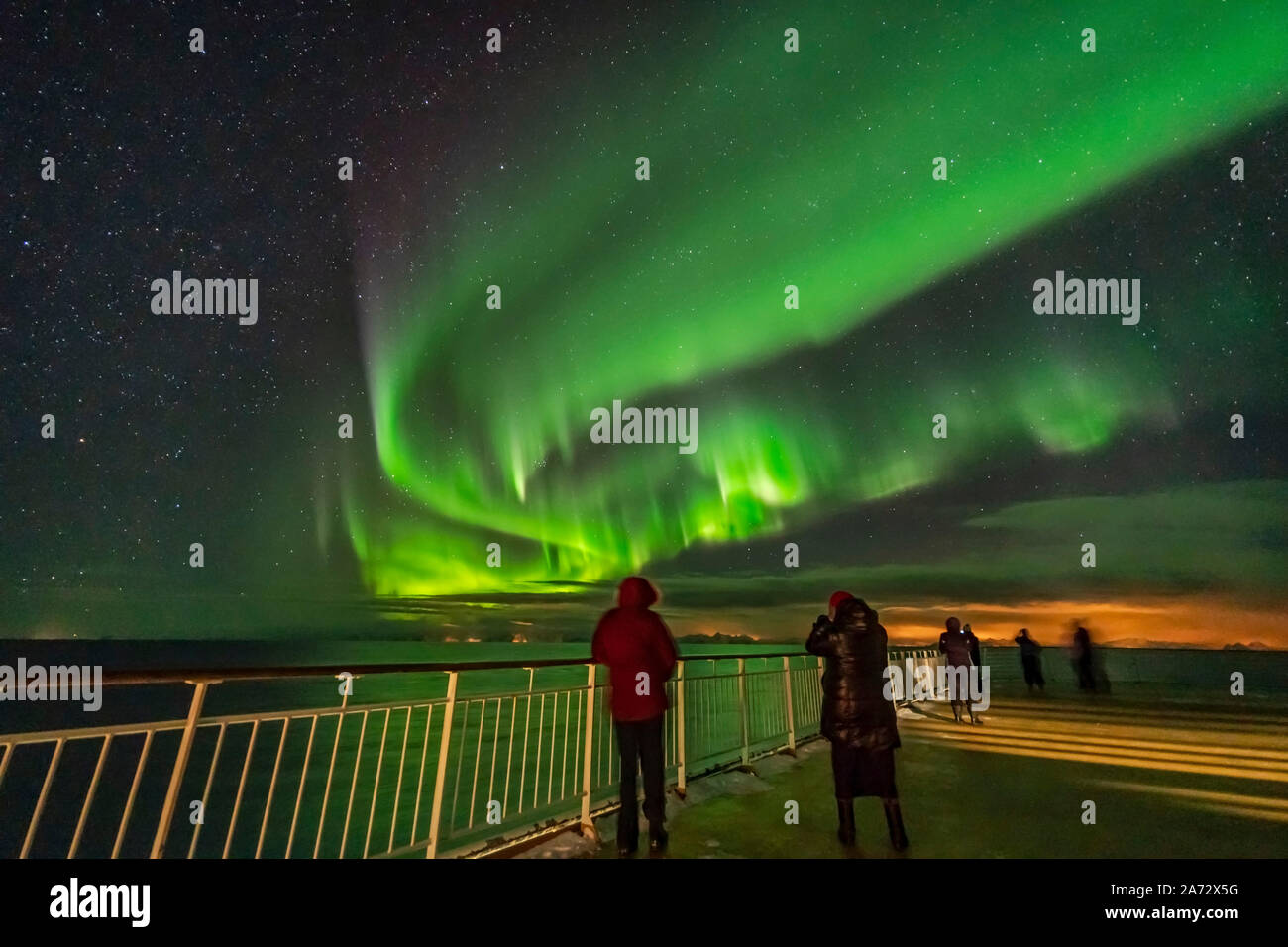 The Northern Lights from at sea when leaving the Lofoten Islands, Norway heading toward the mainlaind, from Stamsund to Bodo, March 3, 2019. This was Stock Photo