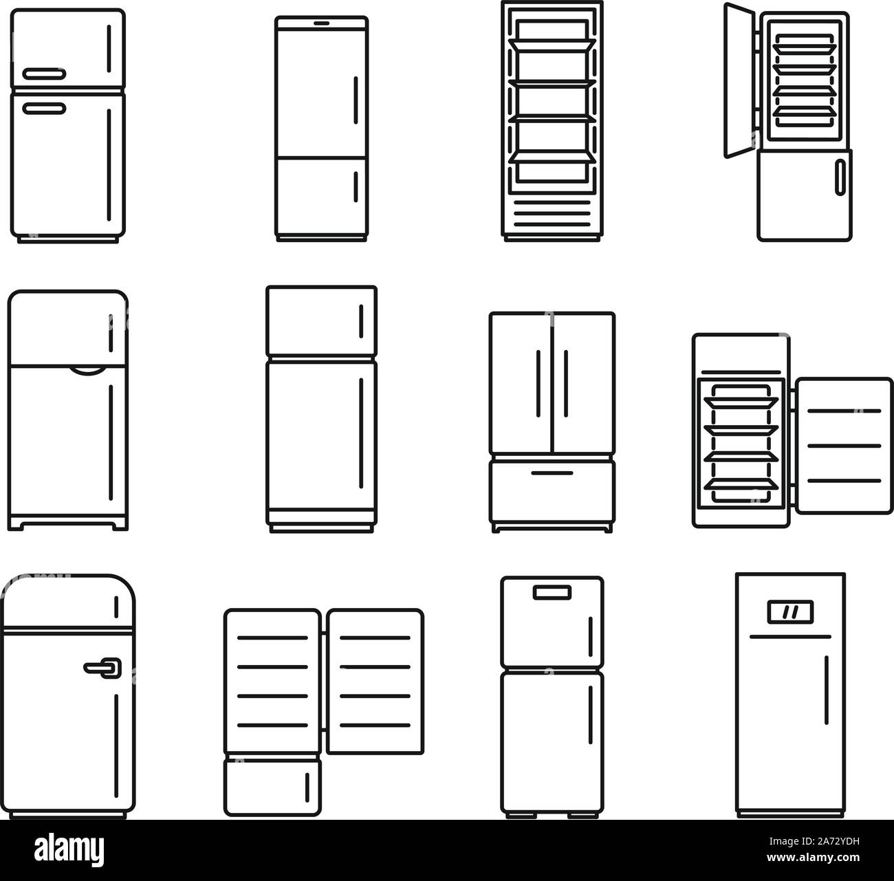 Modern fridge icons set. Outline set of modern fridge vector icons for web design isolated on white background Stock Vector