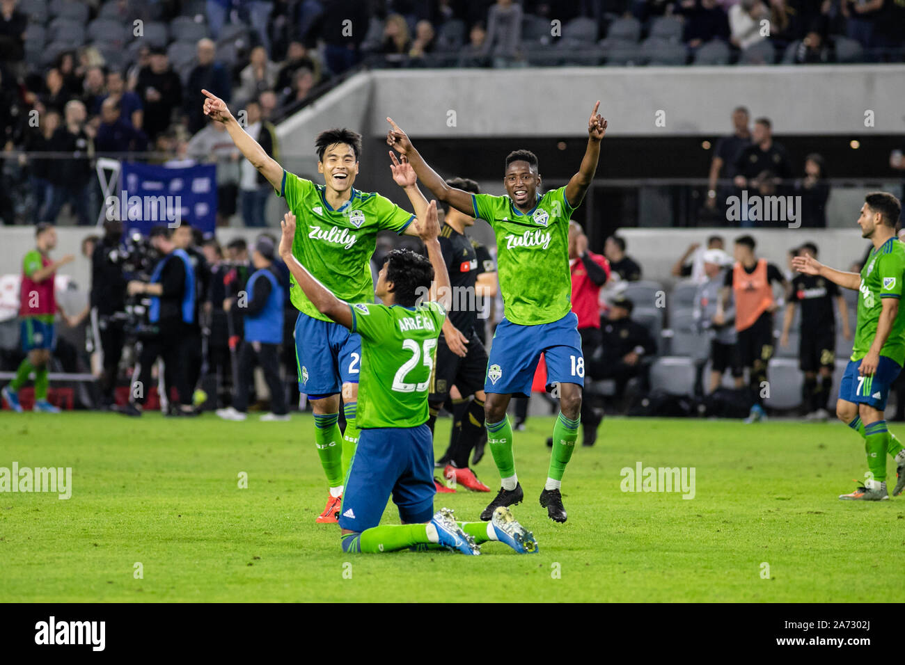 Los Angeles, USA. 29th Oct, 2019. Kim Kee-Hee (20) Xavier Arreaga (25) and Kelvin Leerdam (18) celebrate the final whistle and winning the Western Conference Final over LAFC. Credit: Ben Nichols/Alamy Live News Stock Photo