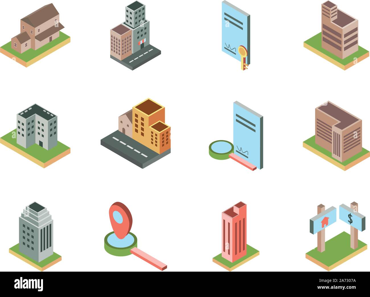 isometric buildings real estate location icons set vector illustration ...