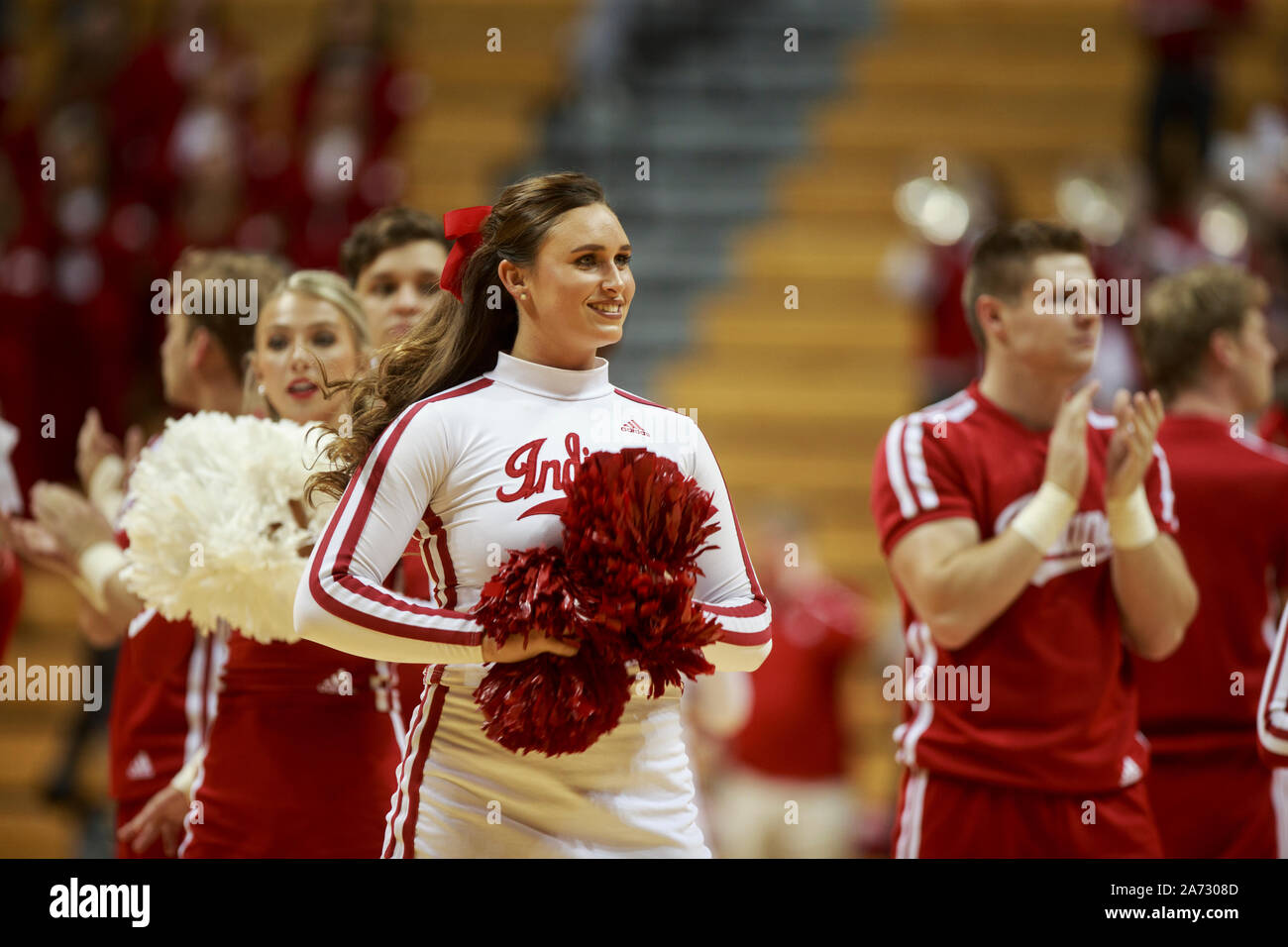 Indiana University's cheerleaders cheer against Gannon during an NCAA exhibition basketball game, Tuesday, Oct., 29, 2019 at Simon Skjodt Assembly Hall in Bloomington, Ind. Indiana beat Gannon 84 to 54. (Photo by Jeremy Hogan/The Bloomingtonian) Stock Photo
