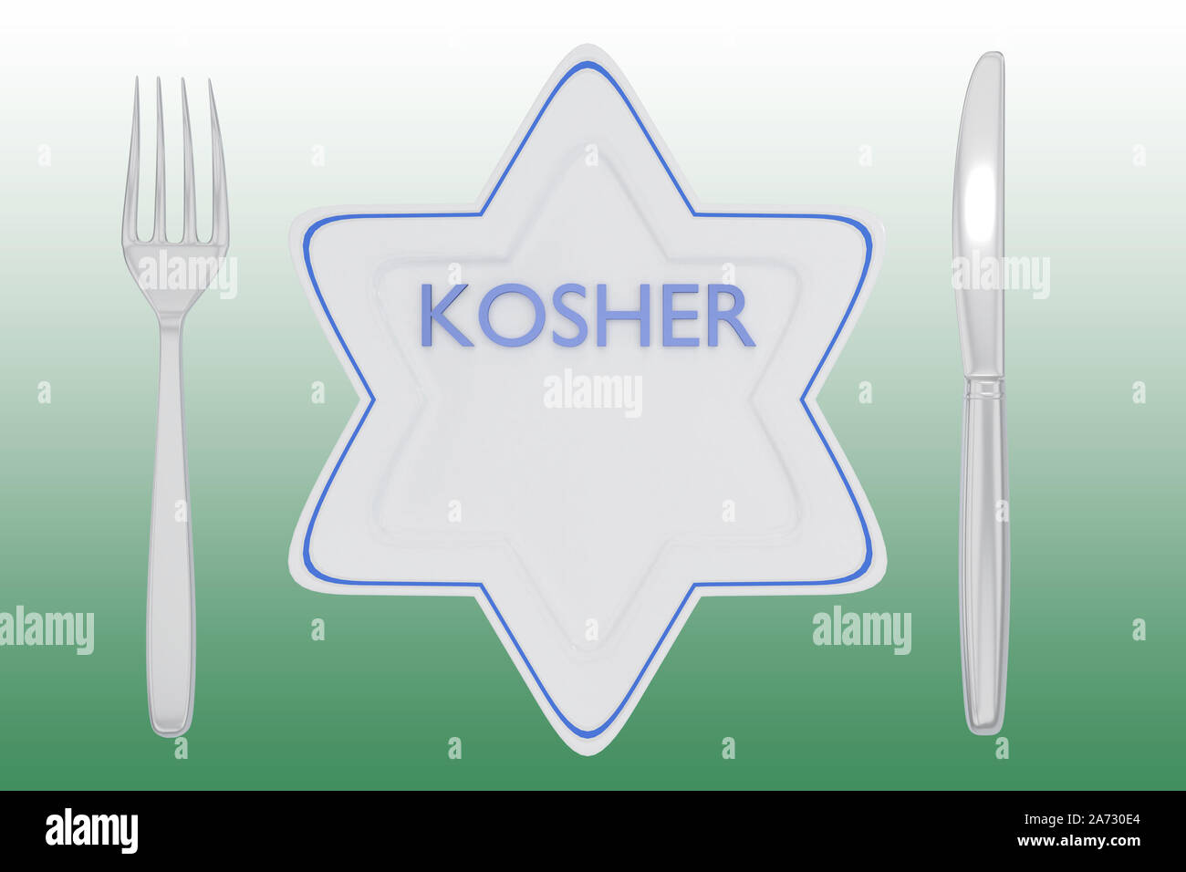3D illustration of KOSHER title on a white plate shaped as David Star, along with silver knif and fork, on a green gradient. Stock Photo