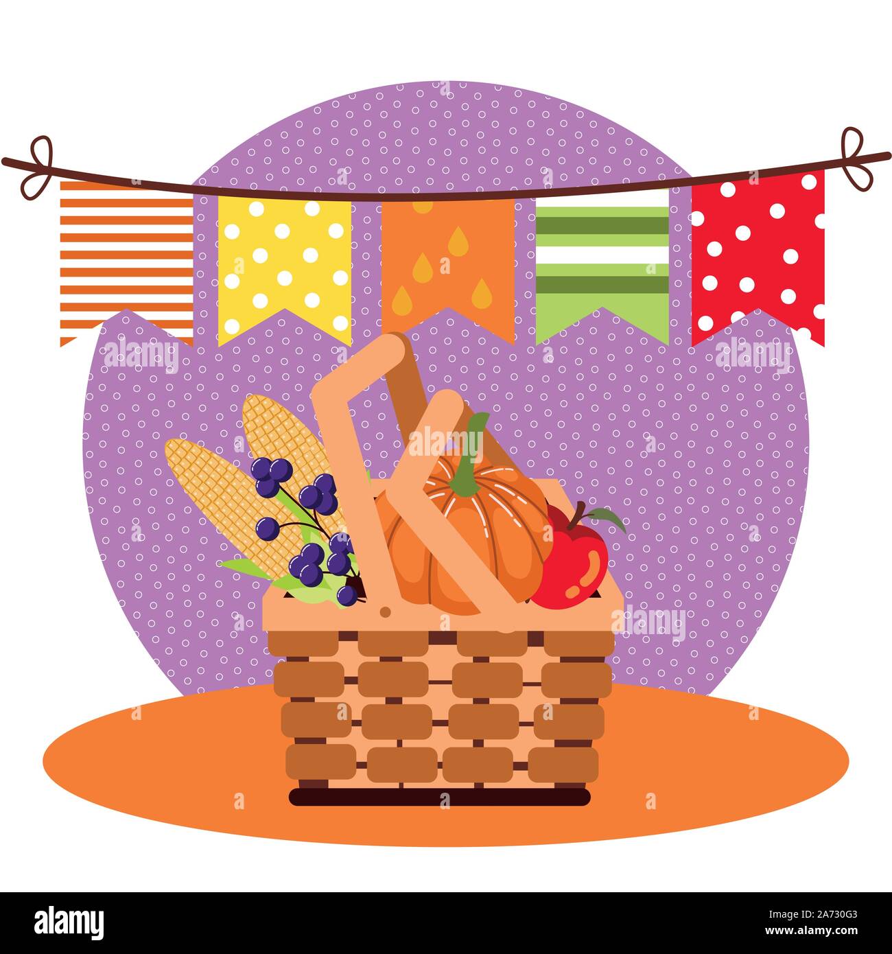 hello autumn season basket with fruits and vegetables Stock Vector