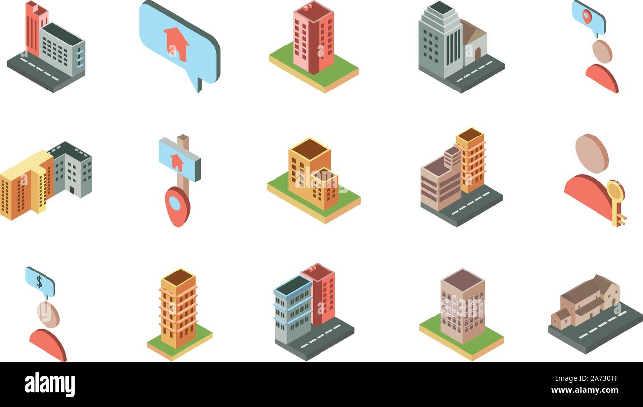 isometric buildings real estate location icons set vector illustration ...