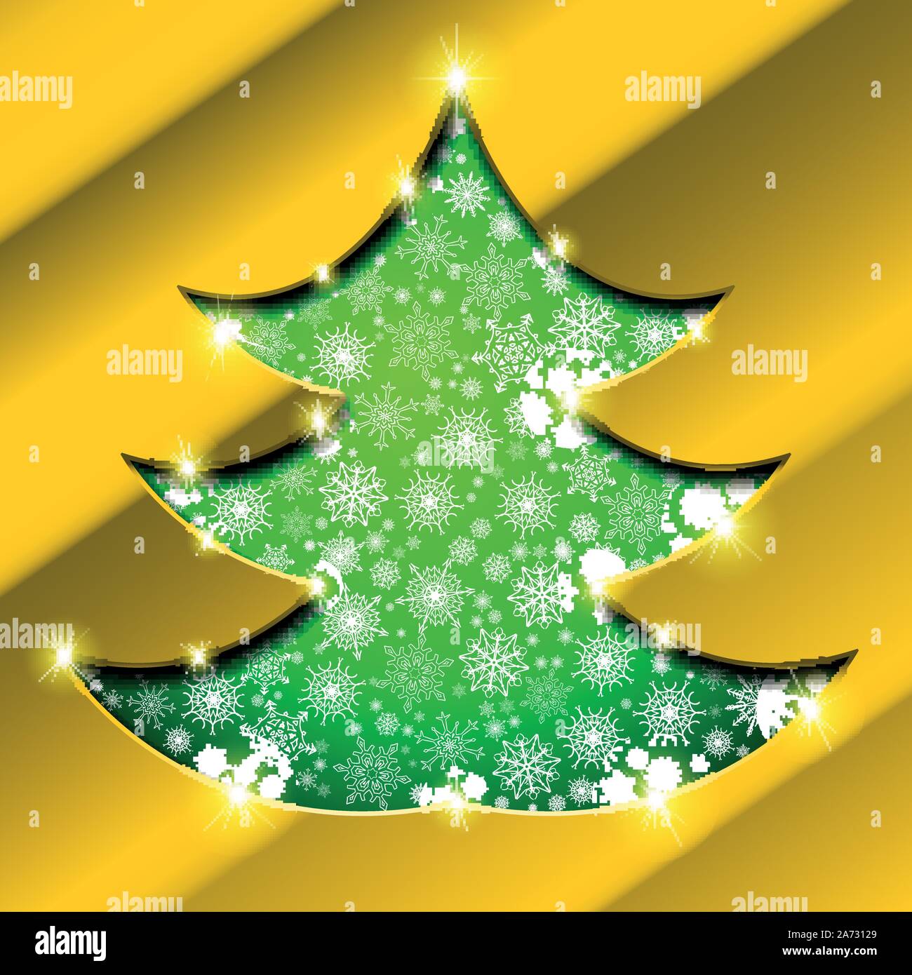 Christmas tree with golden border, snowflakes and sparkles Stock Vector ...