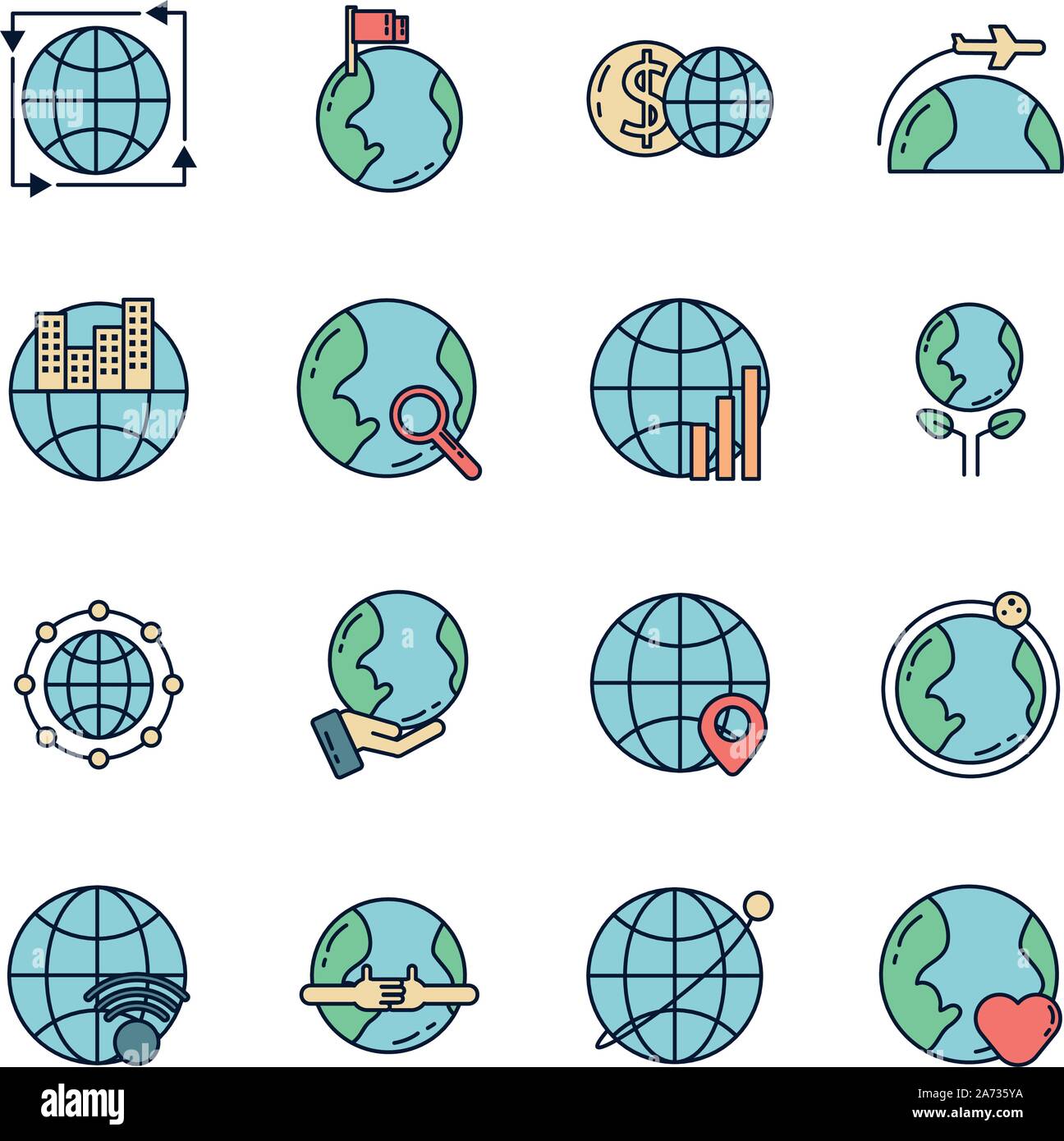 world map global icons set line filled vector illustration Stock Vector ...