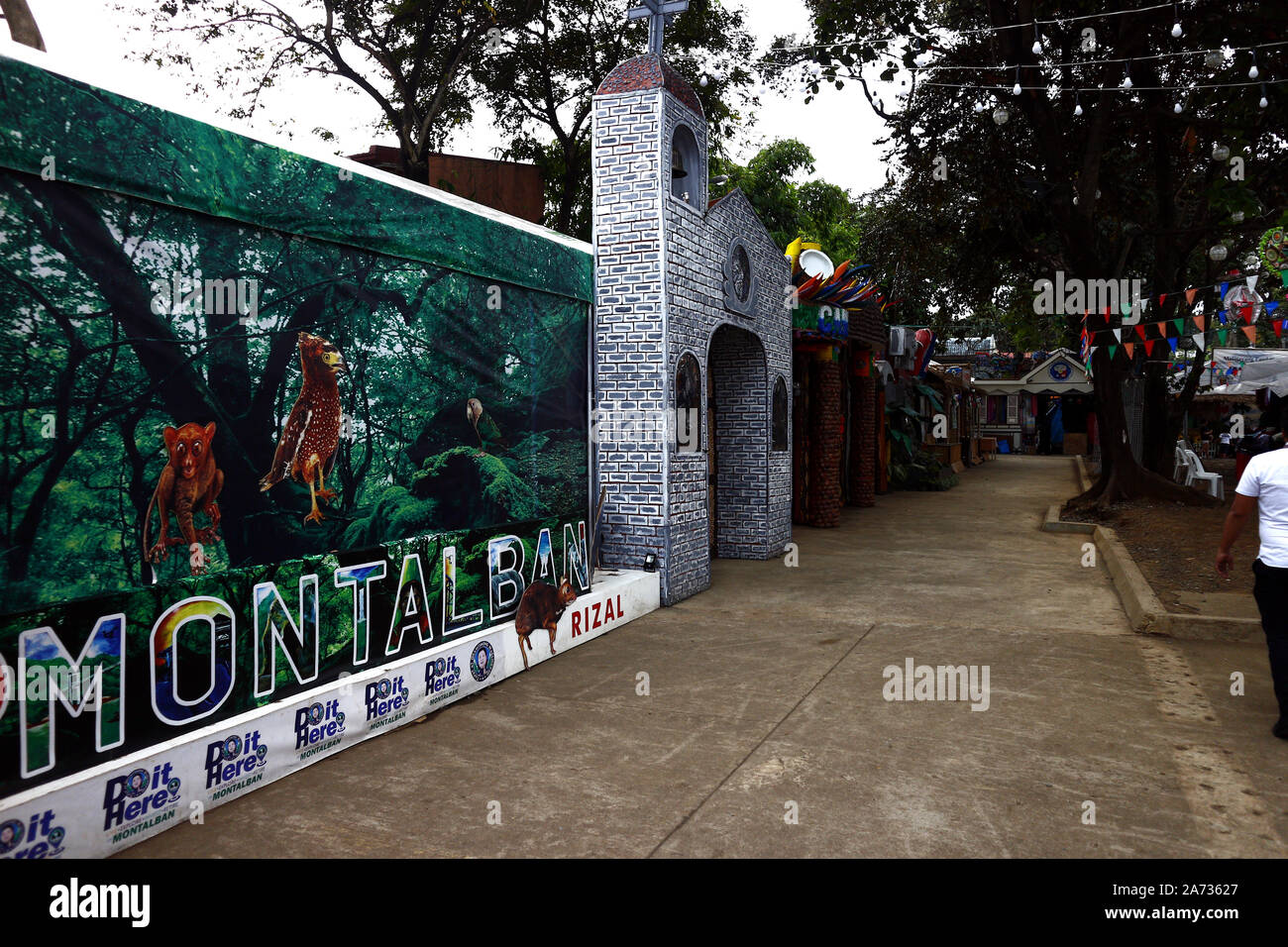 ANTIPOLO CITY, PHILIPPINES – OCTOBER 28, 2019: Facade of display booths of several municipalities of Rizal province inside the provincial capitol grou Stock Photo