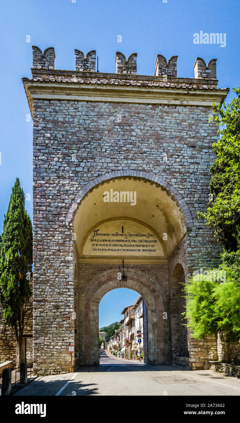 view of Porta Nuova city gate to the hill town of Assisi, Umbria, Italy Stock Photo