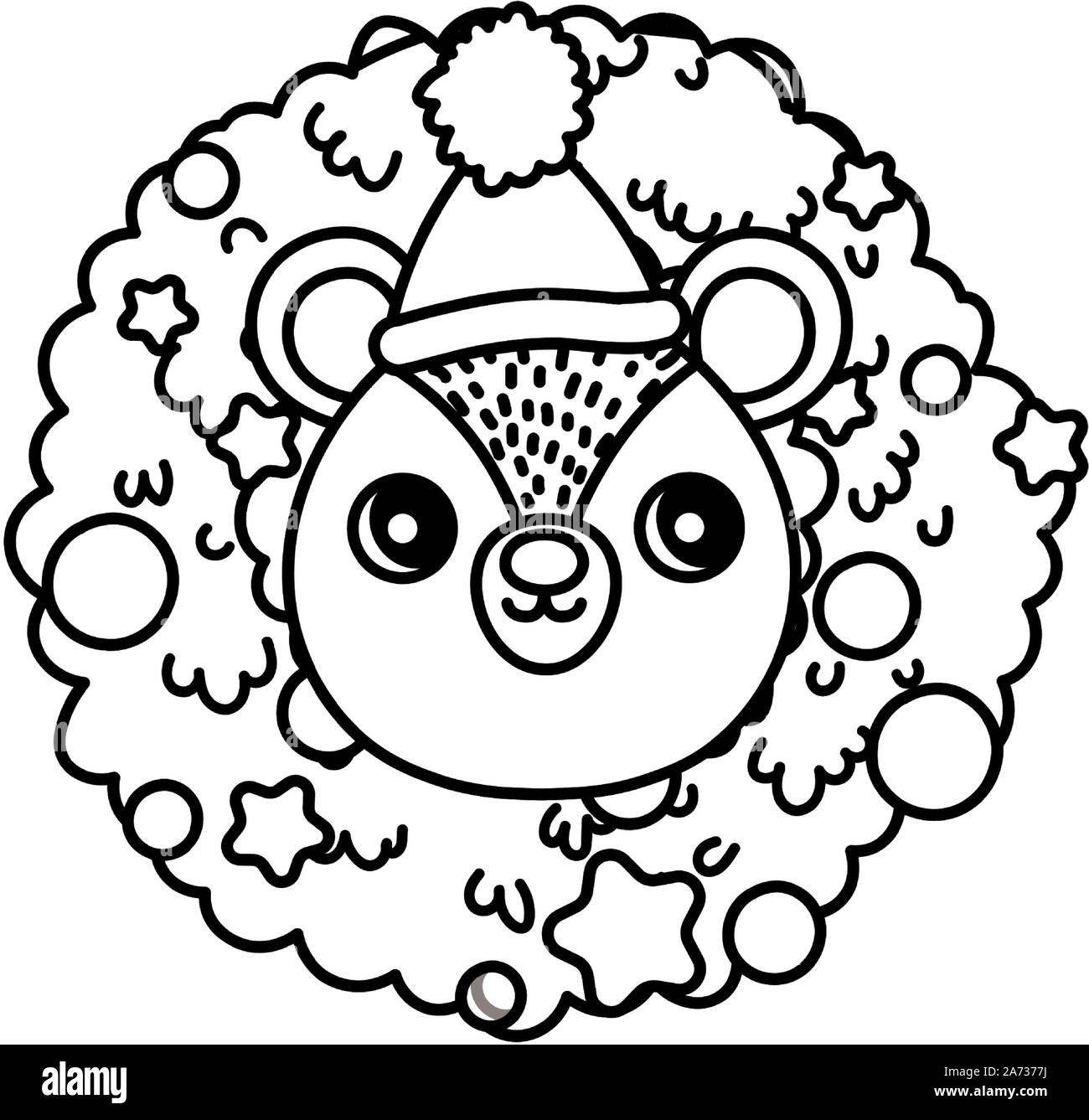 cute bear head with hat wreath balls happy christmas vector