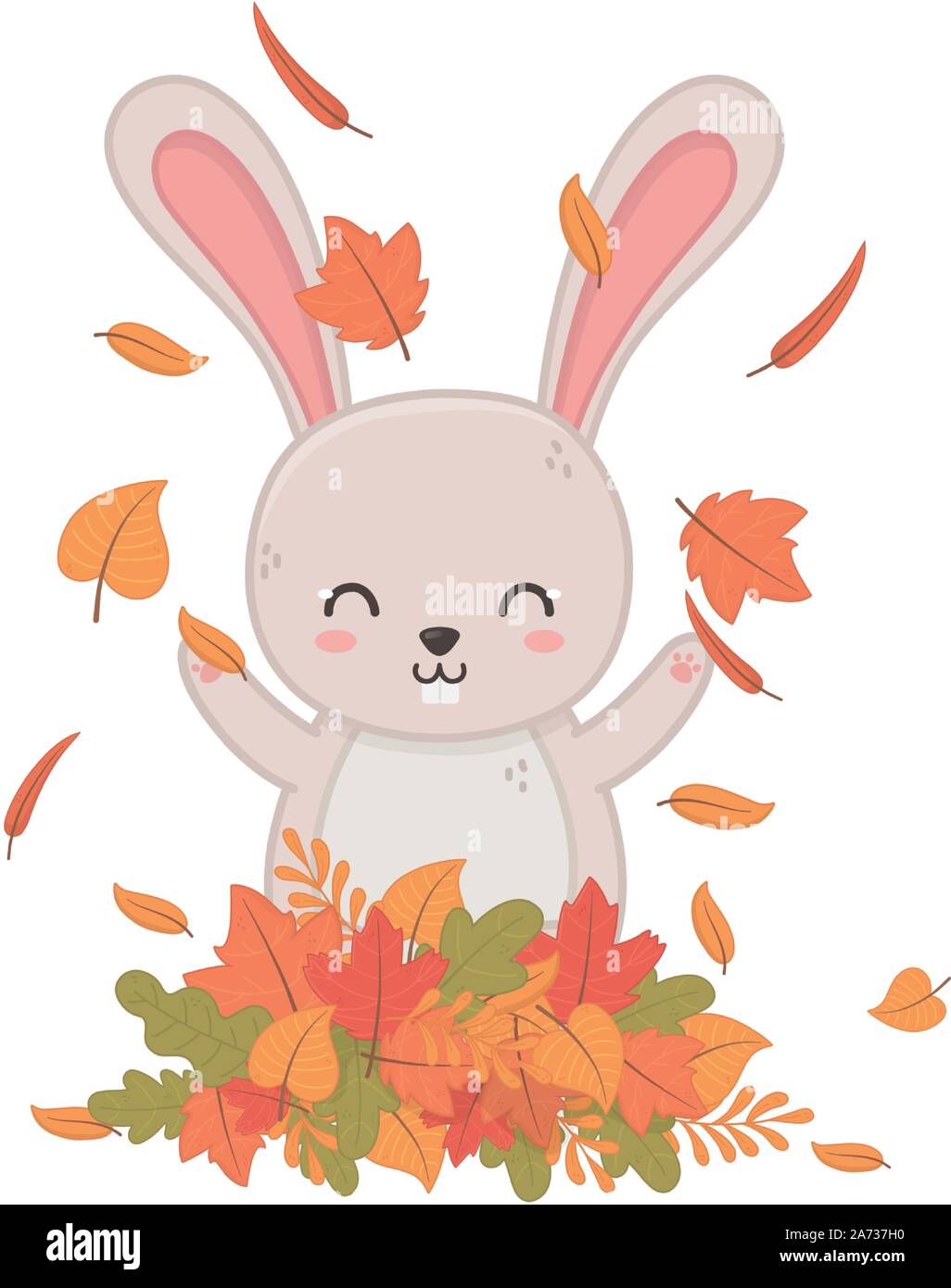 cute rabbit playing with leaves forest hello autumn vector illustration ...