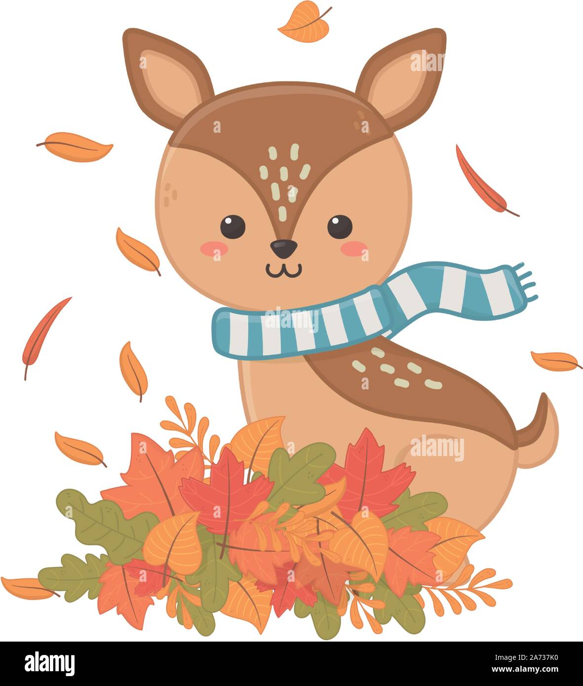 cute deer with scarf animal foliage leaves hello autumn vector ...