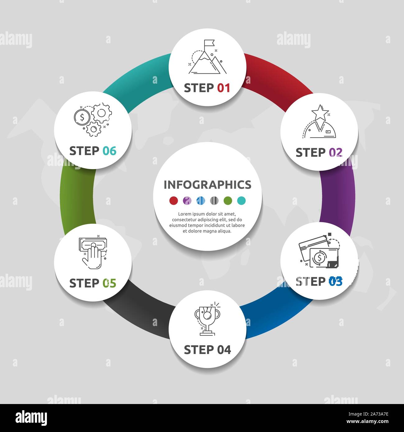 Vector flat template circle infographics. Business concept with 6 ...