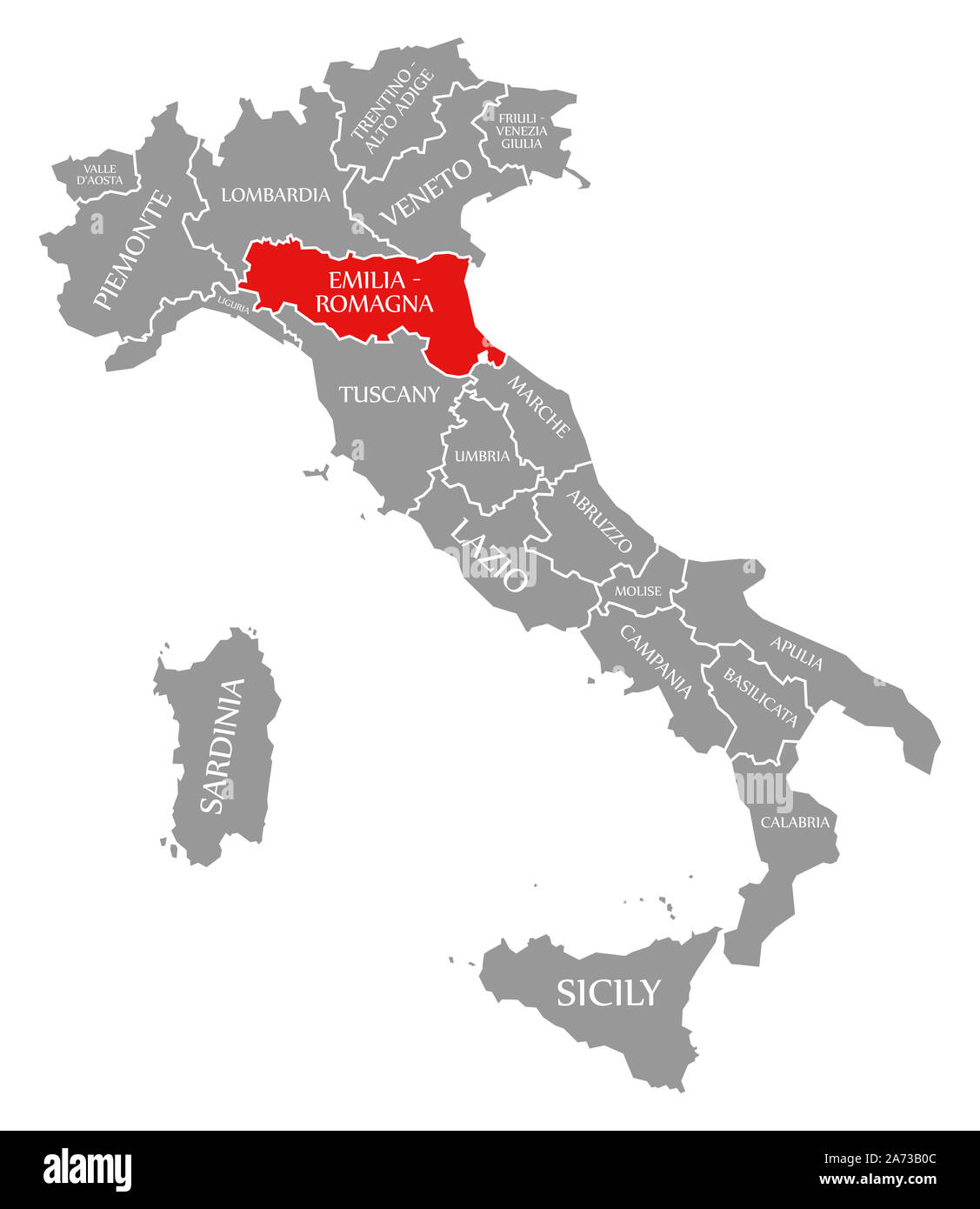 Emilia-Romagna red highlighted in map of Italy Stock Photo