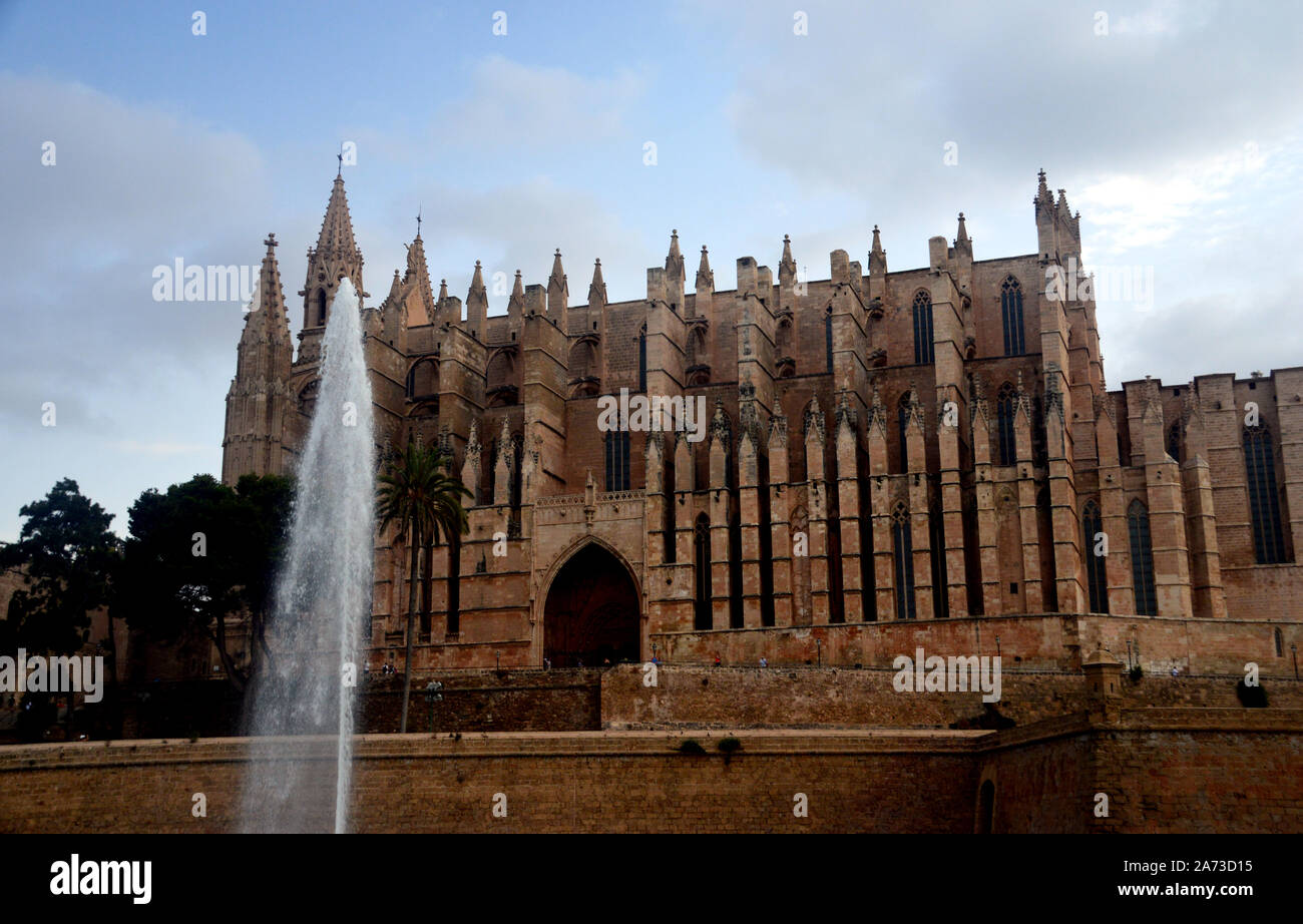 The Gothic Medieval Roman Catholic Cathedral of Santa Maria of Palma in Mallorca, Spain, EU. Fountain,Spout Stock Photo