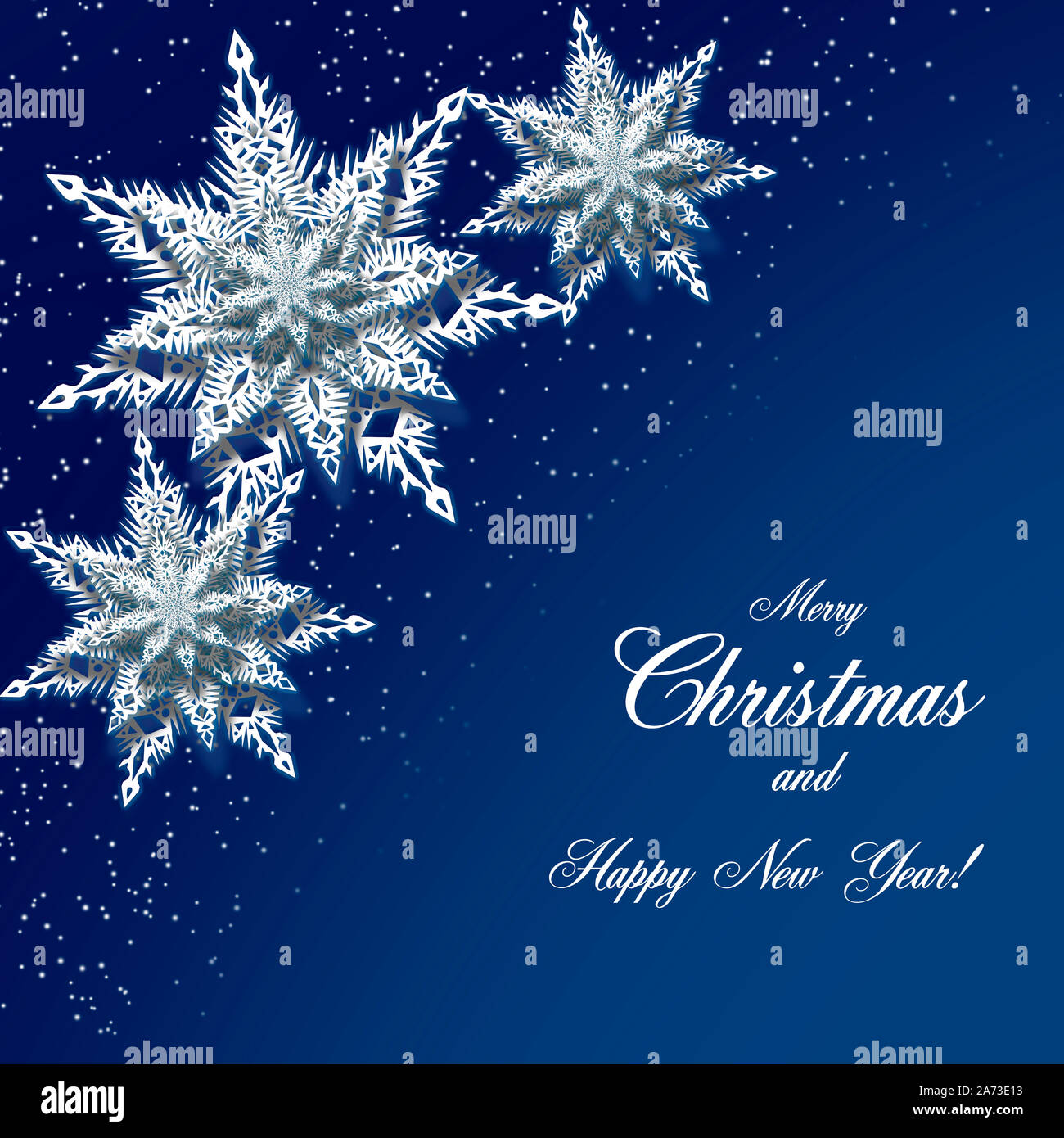 Marry Christmas and Happy New Year greeting card with white paper snowflakes on blue background. Merry Christmas party invitation template. Origami pa Stock Photo
