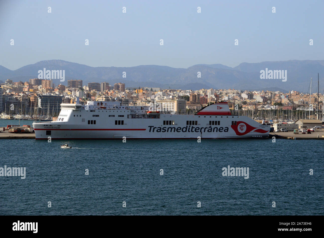 Trasmediterranea 'Ciudad de Palma' a Passenger/Car/Cargo ferry tied up in the Harbour at Palma, Mallorca, Spain, UK. Stock Photo