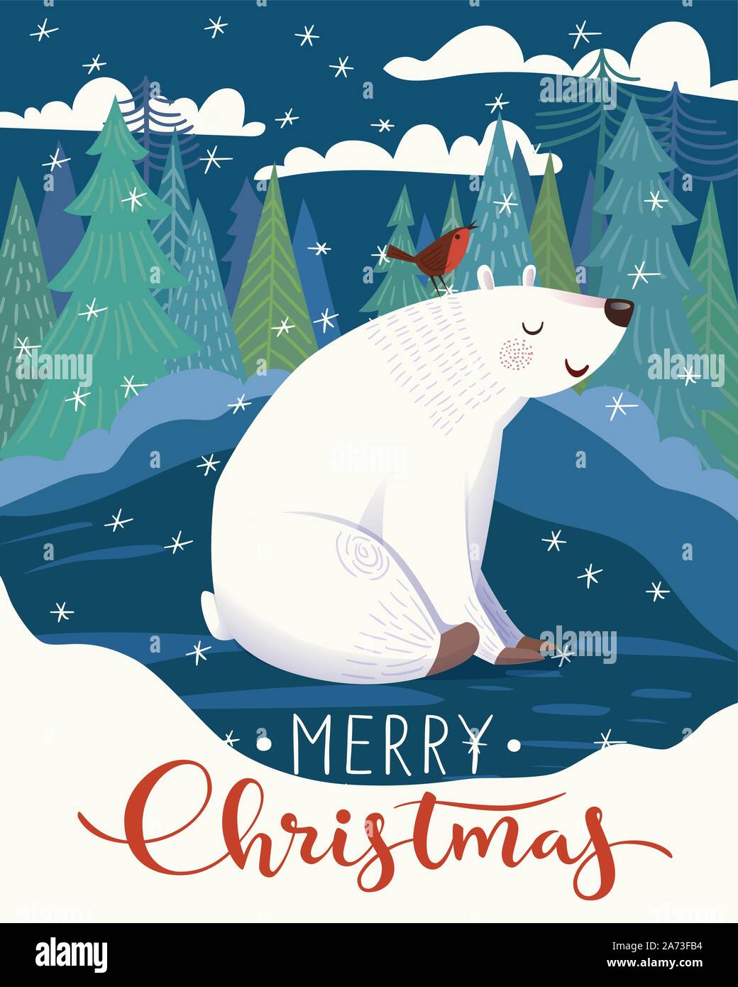Vector Christmas poster with polar bear and bird in nature. Stock Vector