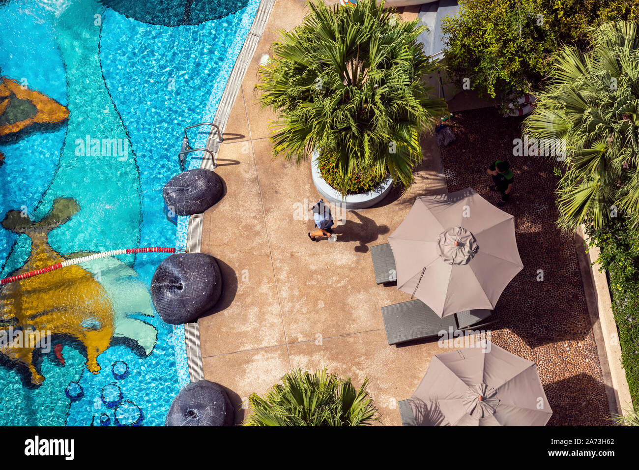 Hotel swimming pool, airier view, Pattaya, Chon Buri, Thailand Stock Photo
