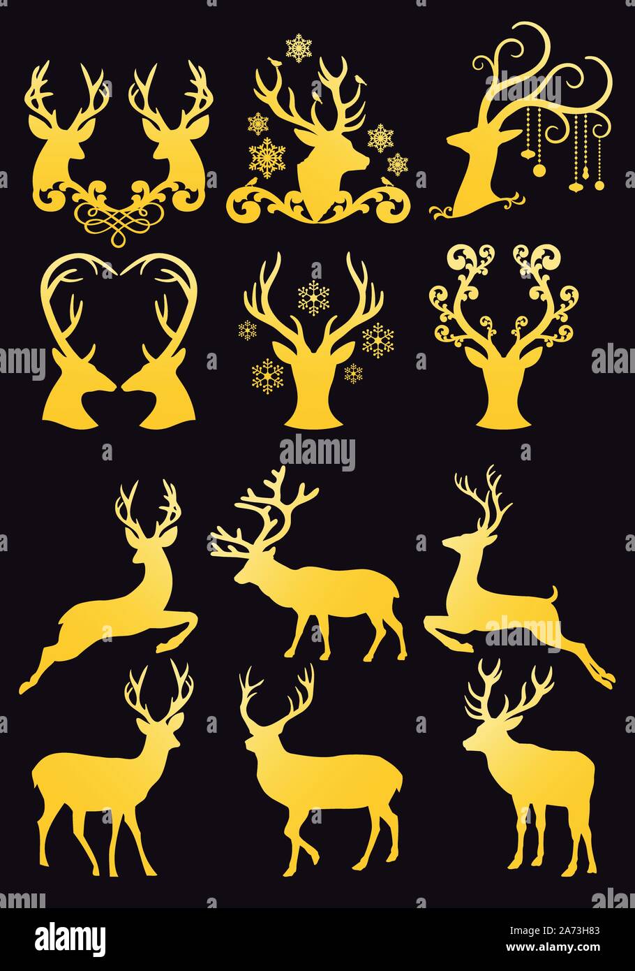 Gold Christmas deer heads, golden reindeer silhouettes for cards, set of vector design element Stock Vector