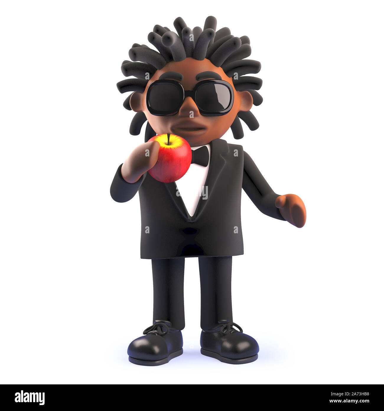 3d cartoon black African American singer entertainer eating an apple, 3d illustration render Stock Photo