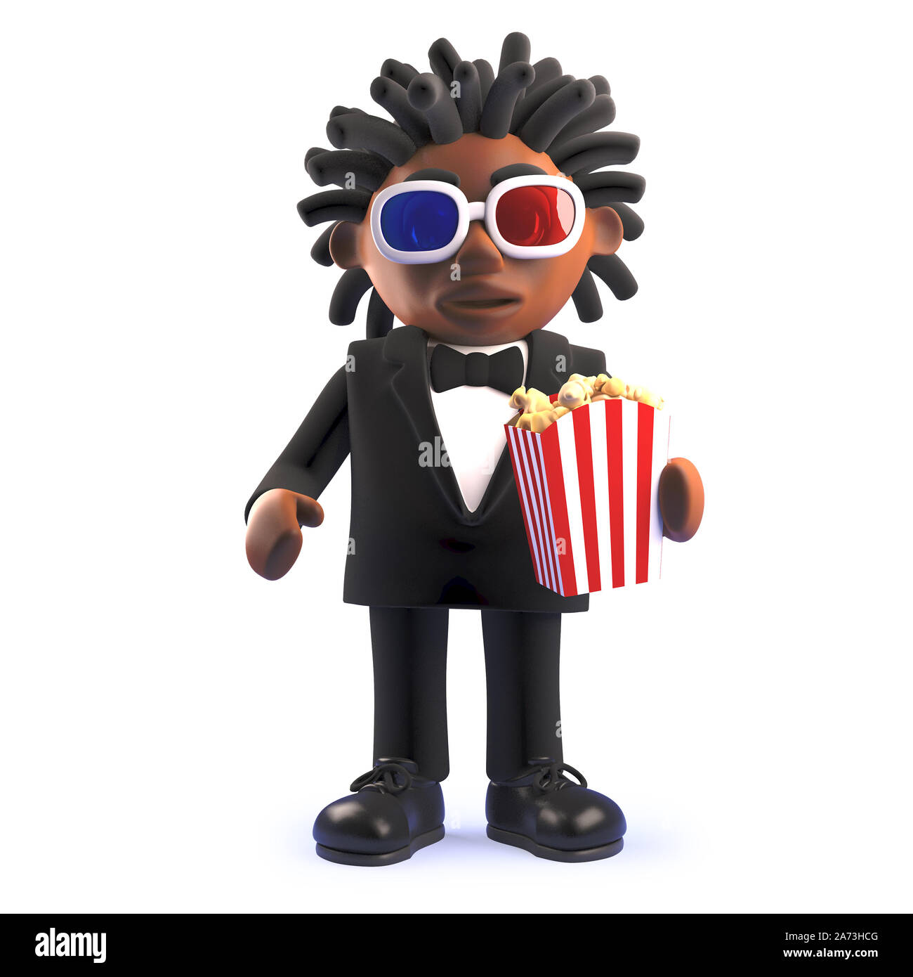Cartoon 3d black Afro American singer entertainer eating popcorn and watching a movie, 3d illustration render Stock Photo
