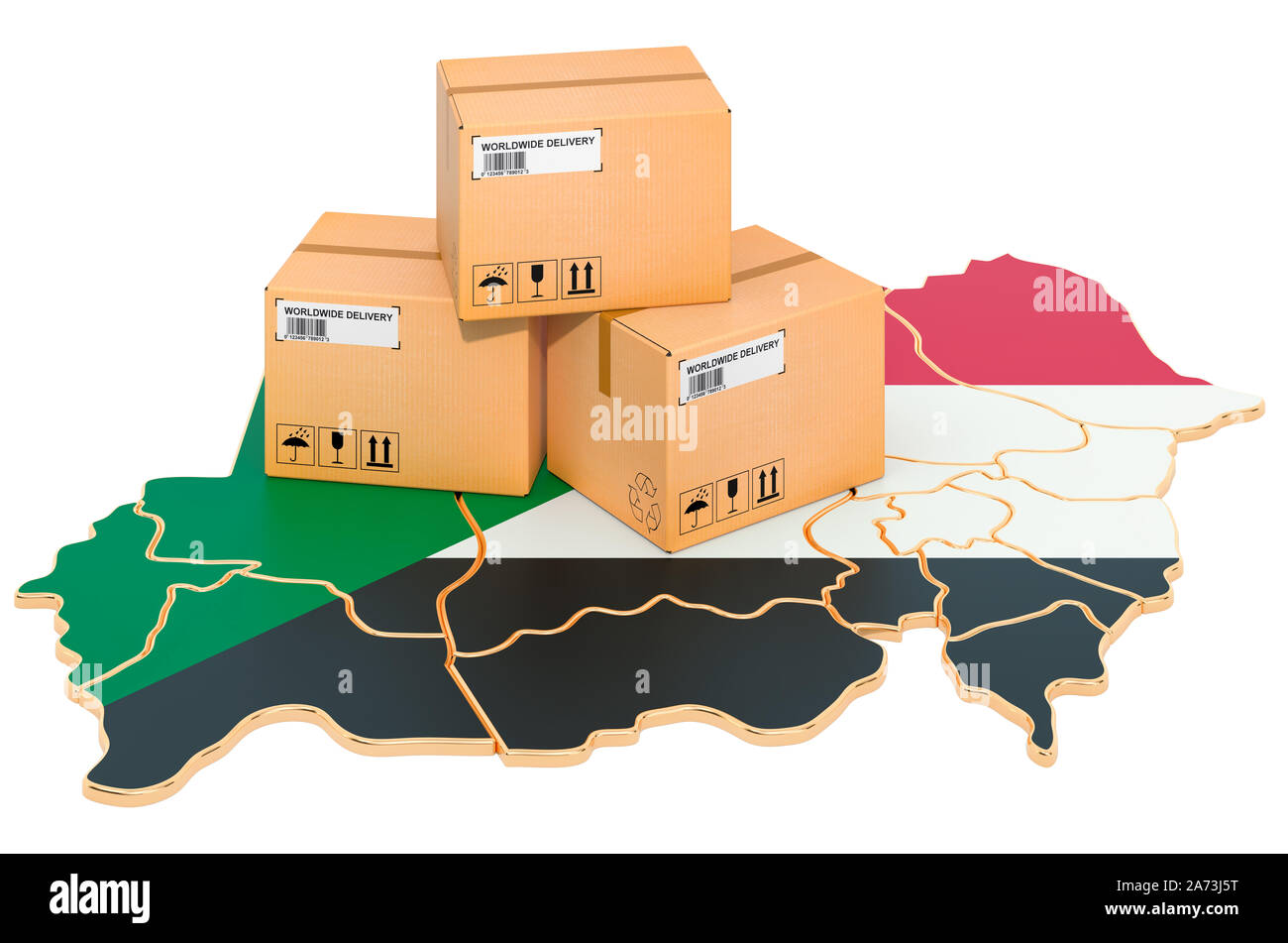 Parcels on the Sudanese map. Shipping in Sudan, concept. 3D rendering