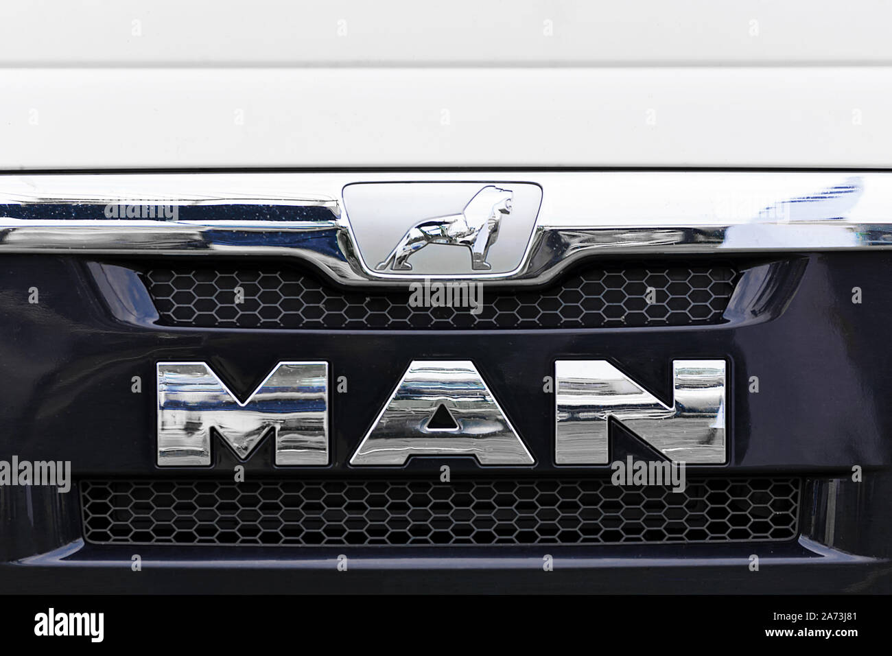 Nowy Sacz, Poland, September 07, 2019: MAN sign on a truck grilll. Man Group is a famous German mechanical engineering company. Stock Photo