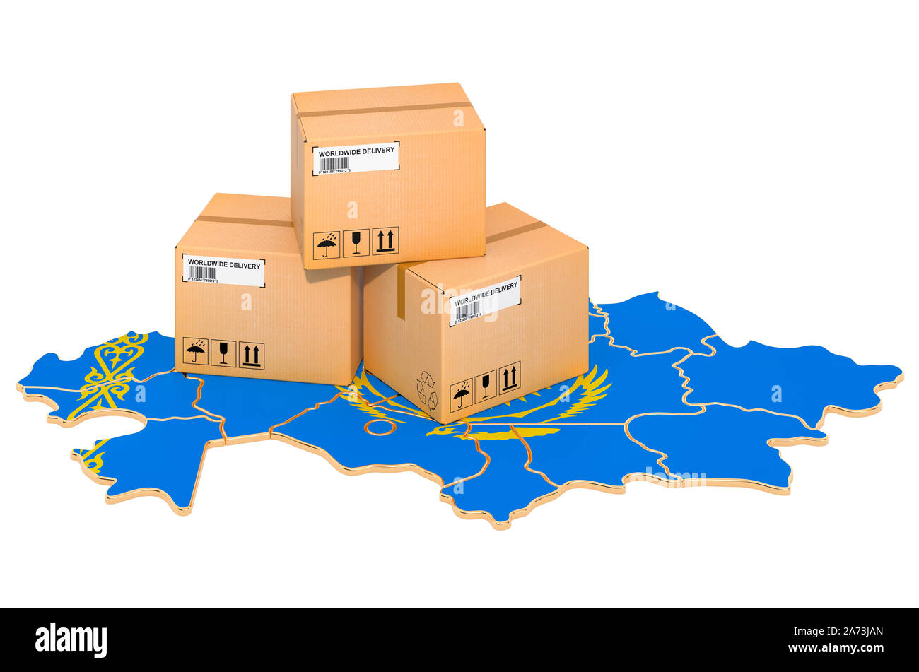 Parcels on the Kazakh map. Shipping in Kazakhstan, concept. 3D