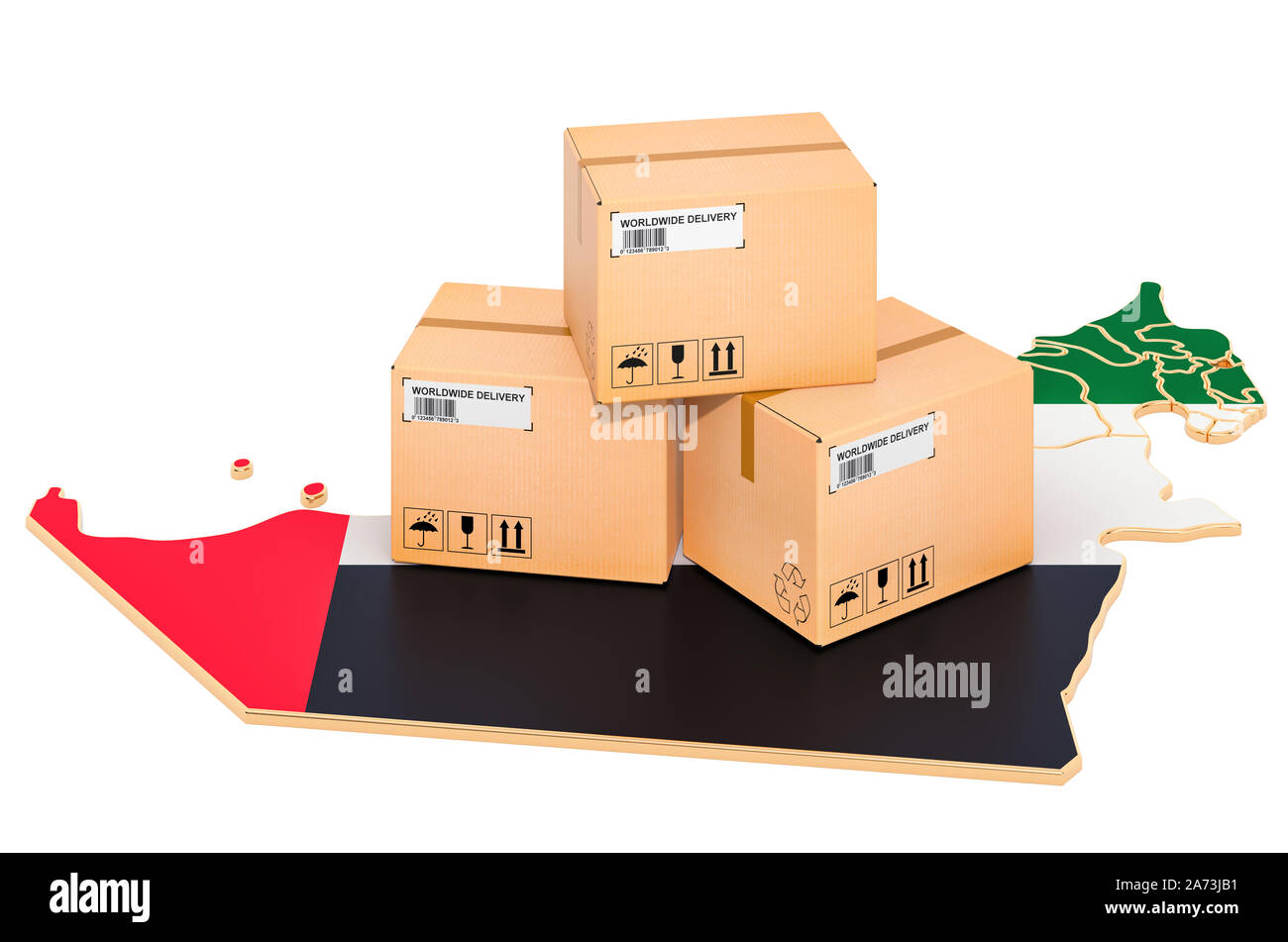 Parcels on the UAE map. Shipping in the United Arab Emirates, concept. 3D rendering isolated on white background Stock Photo