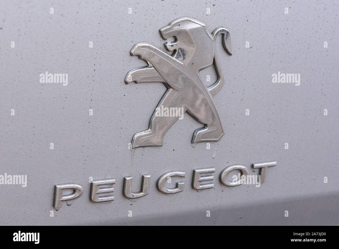 RIGA, LATVIA. 27th February 2019. Logo of Peugeot vehicle.  Peugeot s a French automotive manufacturer, part of Groupe PSA. Stock Photo