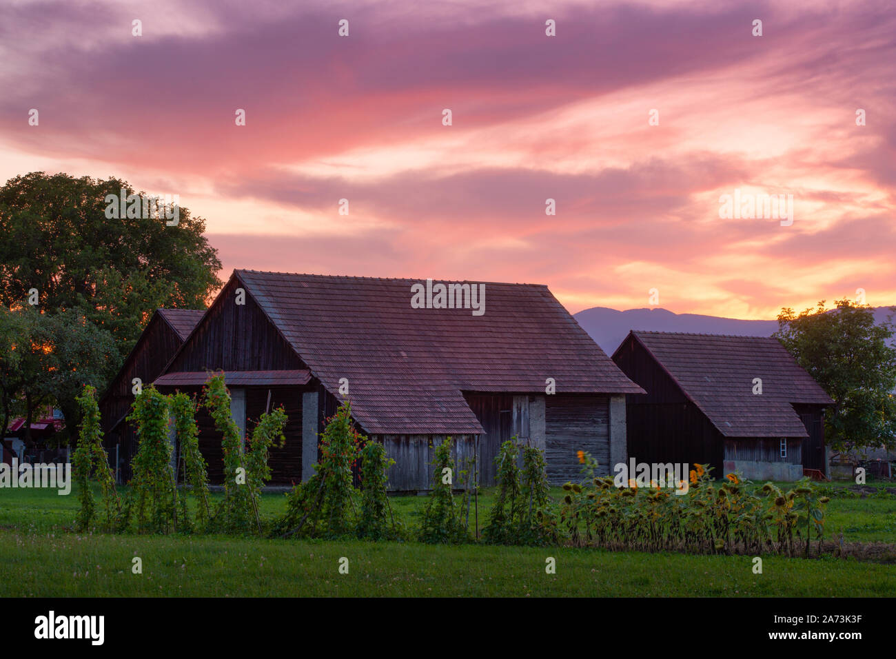 Traditional barns in Turiec region, central Slovakia. Stock Photo