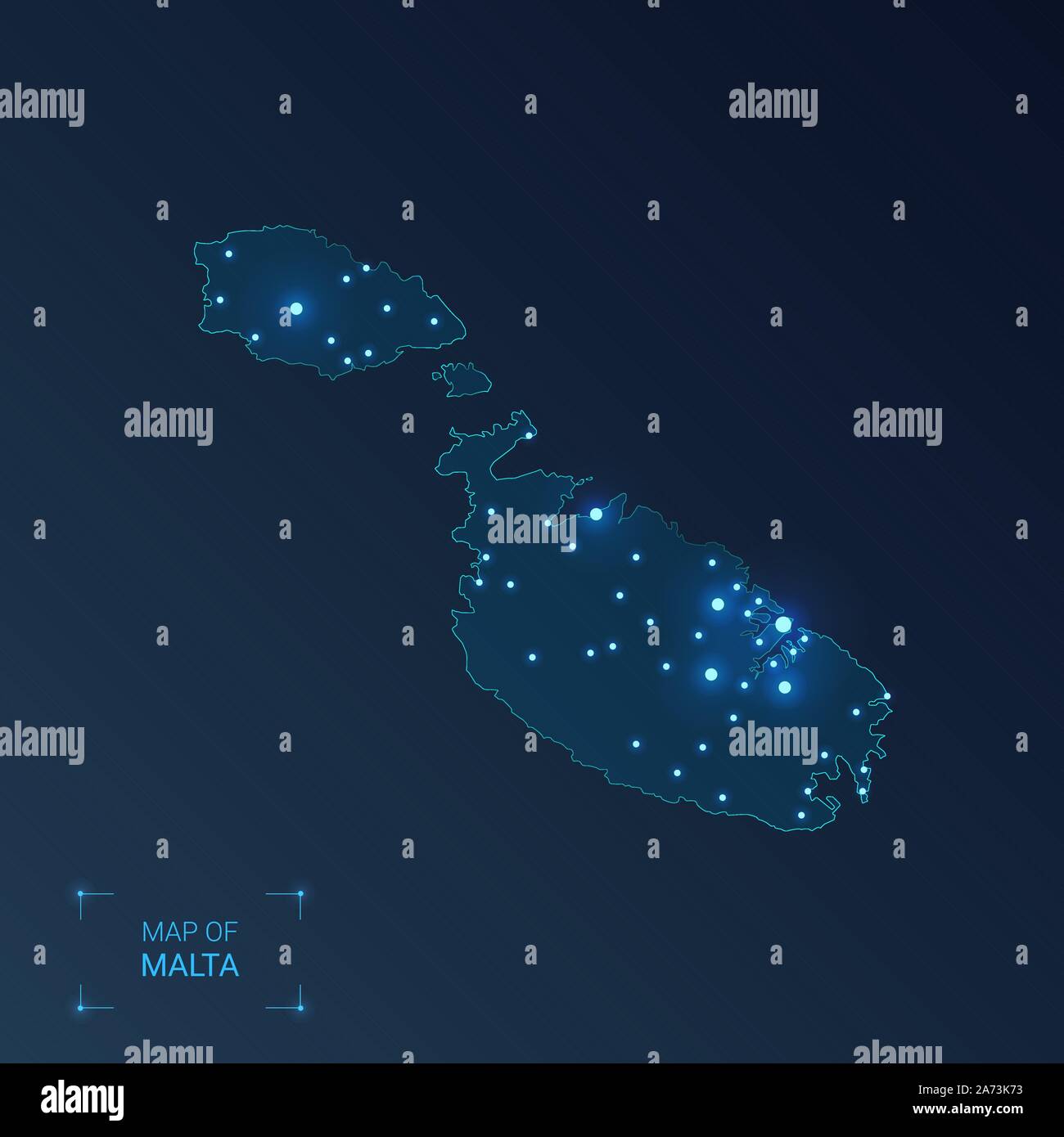Malta map with cities. Luminous dots - neon lights on dark background. Vector illustration. Stock Vector