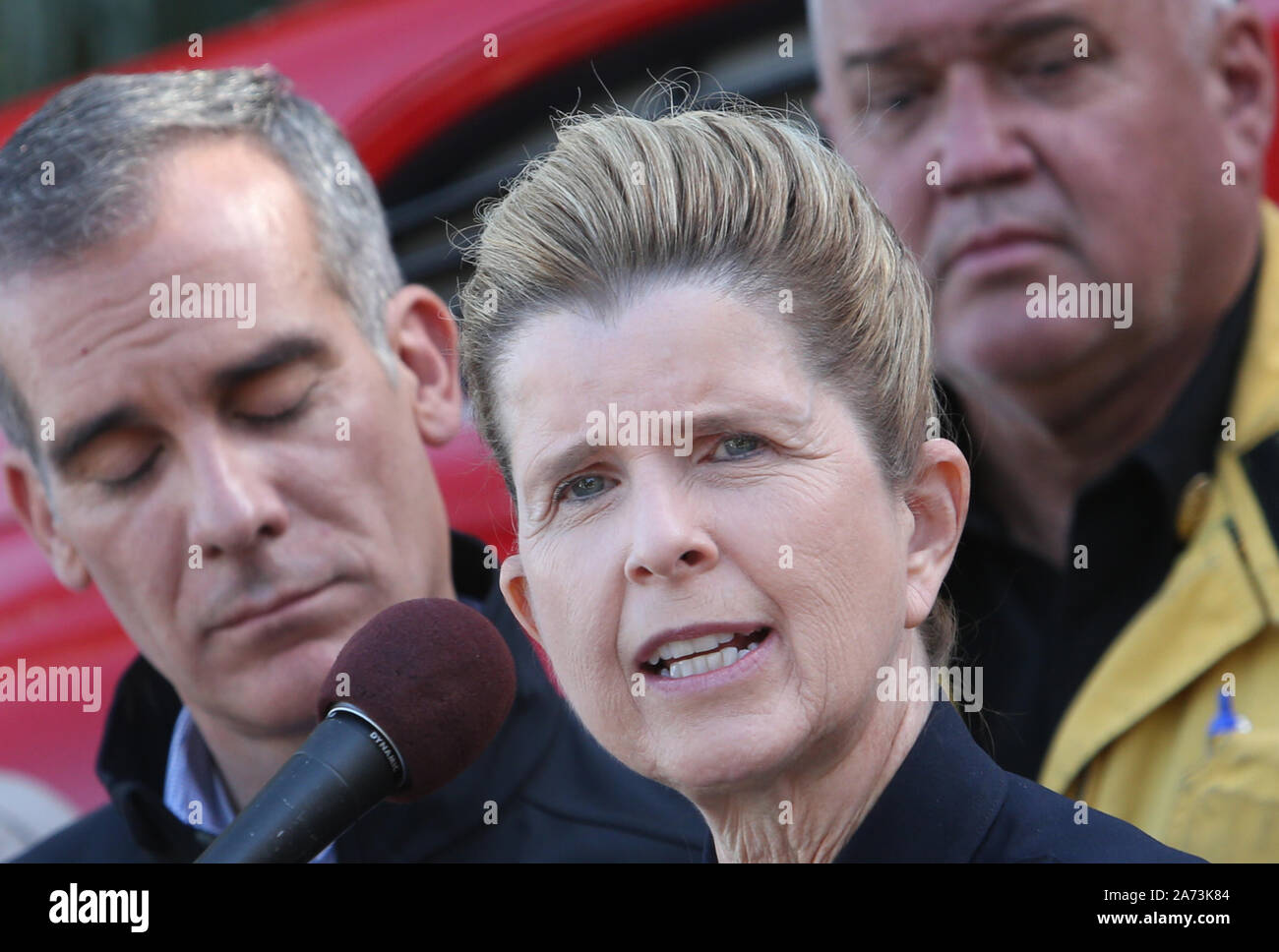 Los Angeles, Ca. 29th Oct, 2019. LAPD Assistant Chief Beatrice Girmala, at the press conference regarding the Getty Fire that erupted the previous day along the 405 Freeway near the Getty Center at Jackie Robinson Stadium at Command post in Los Angeles, California on October 29, 2019. Credit: Faye Sadou/Media Punch/Alamy Live News Stock Photo