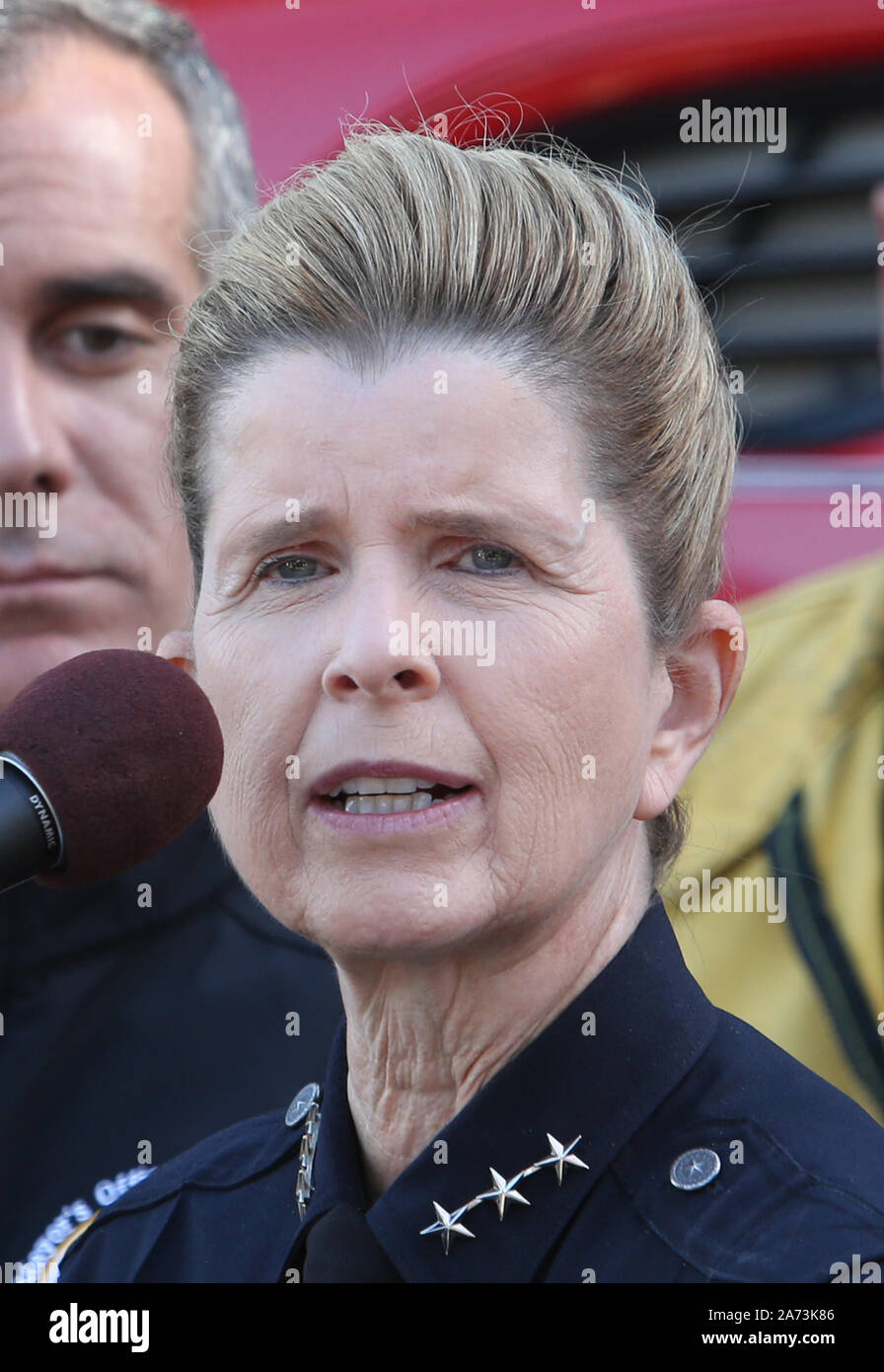 Los Angeles, Ca. 29th Oct, 2019. LAPD Assistant Chief Beatrice Girmala, at the press conference regarding the Getty Fire that erupted the previous day along the 405 Freeway near the Getty Center at Jackie Robinson Stadium at Command post in Los Angeles, California on October 29, 2019. Credit: Faye Sadou/Media Punch/Alamy Live News Stock Photo