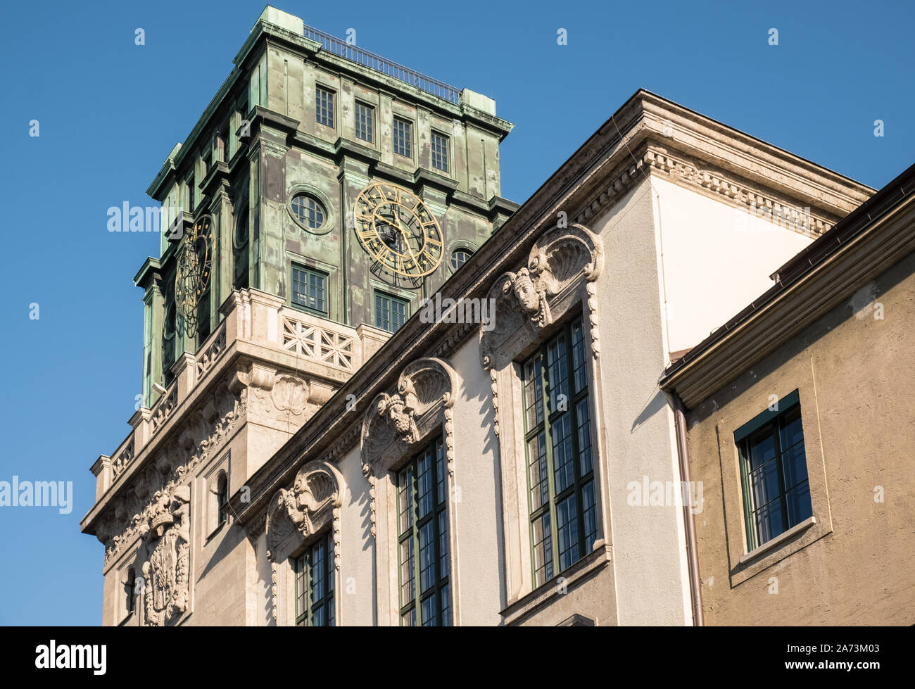 Munich, Bavaria, Germany. The ornate clock tower of the Technical University of Munich main campus building on Gabelsbergerstraße. Stock Photo