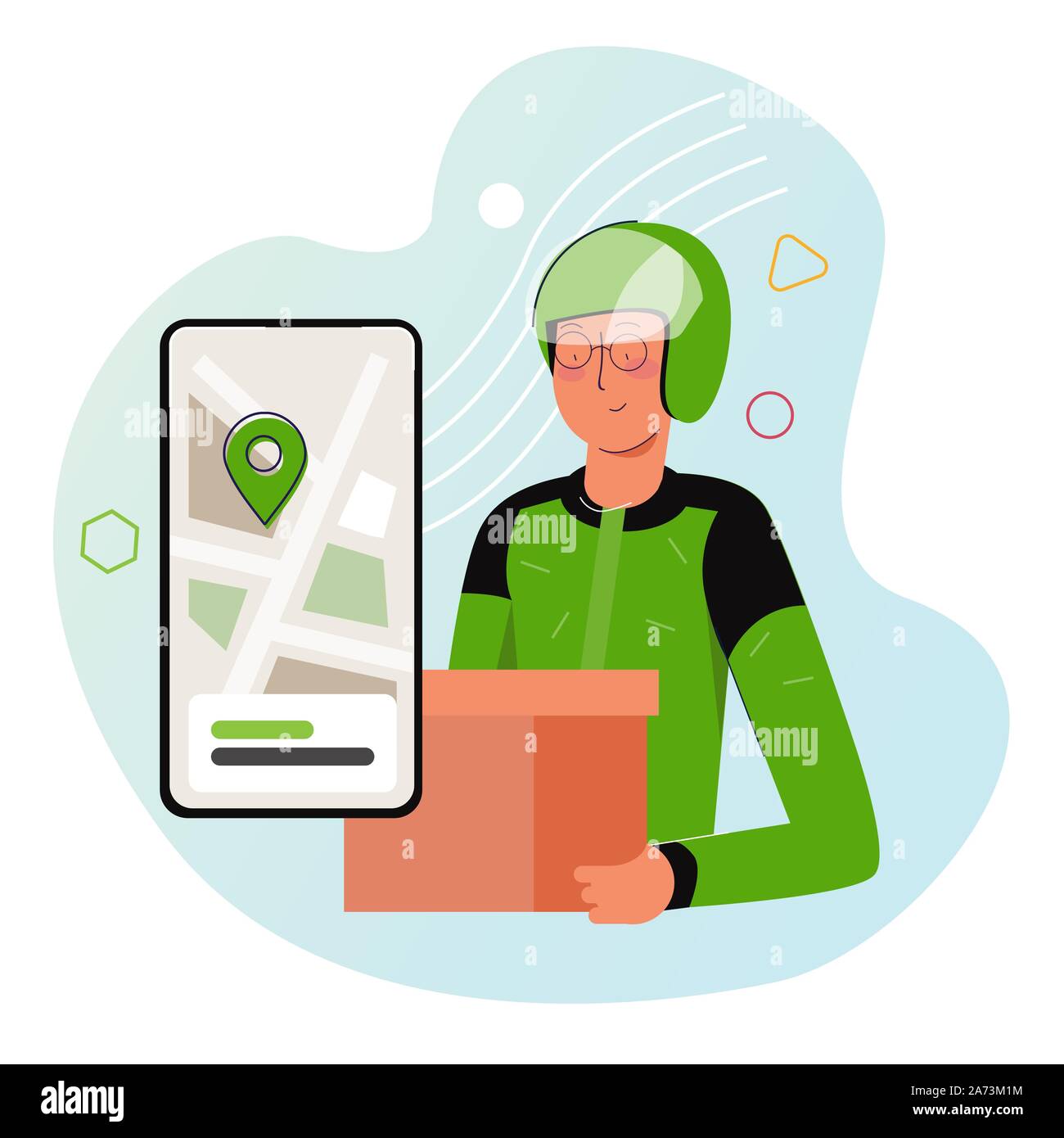 Courier from motorcycle ride-hailing service in Indonesia sending box of food to customer. Wearing green jacket and helmet with smart phone app with Stock Vector