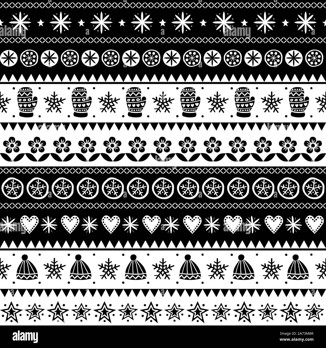 Christmas Scandinavian folk art vector seamless pattern, winter black and white ornament hand drawn style Stock Vector
