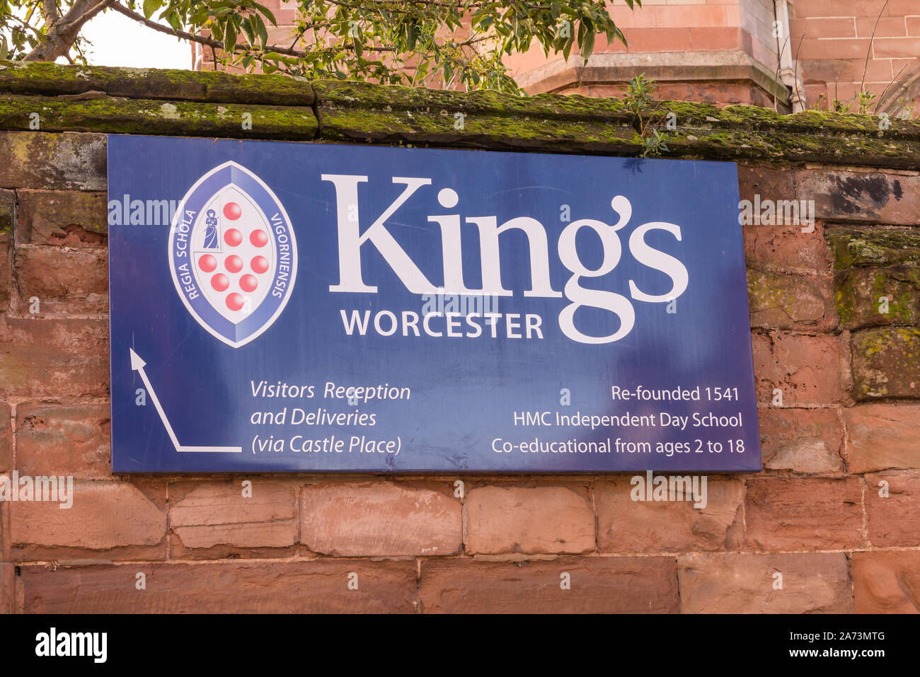 Large sign on stone wall for The King's School Worcester, an independent school in Worcester, Worcestershire, UK Stock Photo
