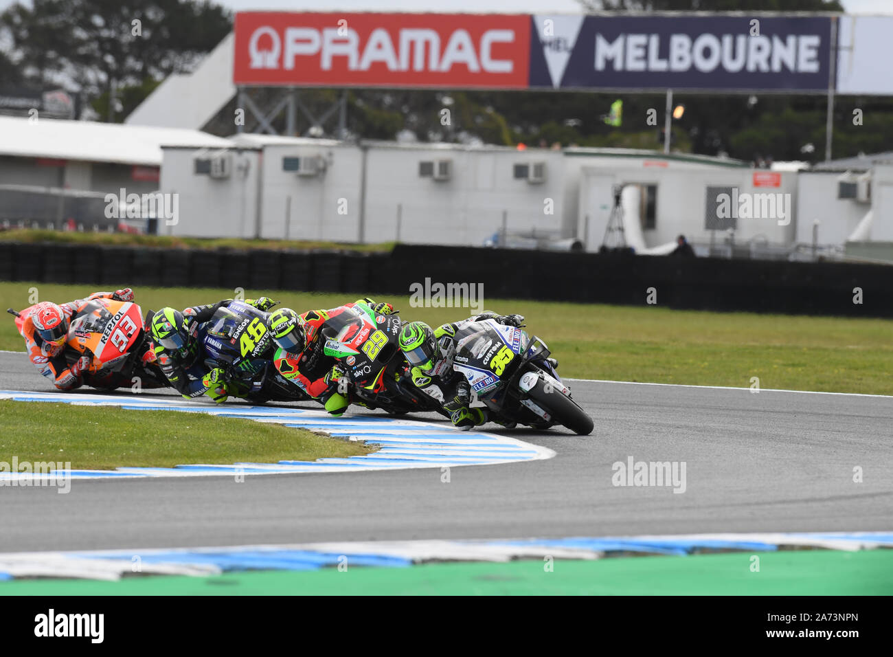 Crutchlow, Iannone,Rossi and Marquez line up around turn 4 of the Australian MotoGP at Phillip Island Circuit, Melbourne, Australia Stock Photo