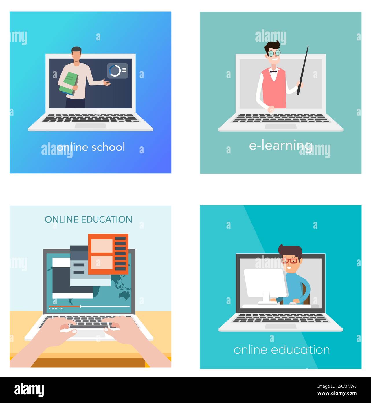 Set of web page design templates for e-learning, online education, e-book. Modern vector illustration concepts. Stock Vector