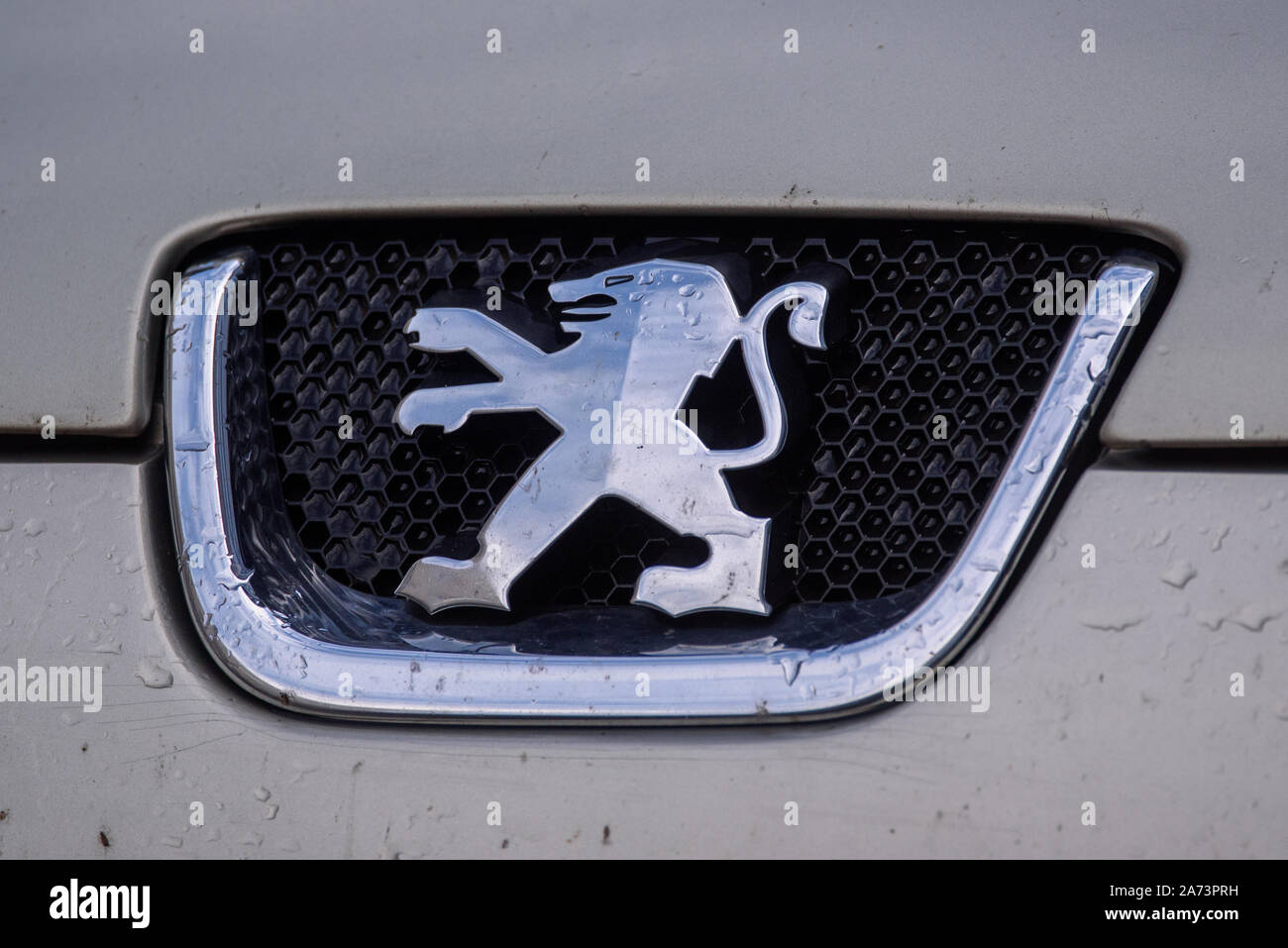 RIGA, LATVIA. 17th September 2019. Logo of Peugeot vehicle.  Peugeot s a French automotive manufacturer, part of Groupe PSA. Stock Photo