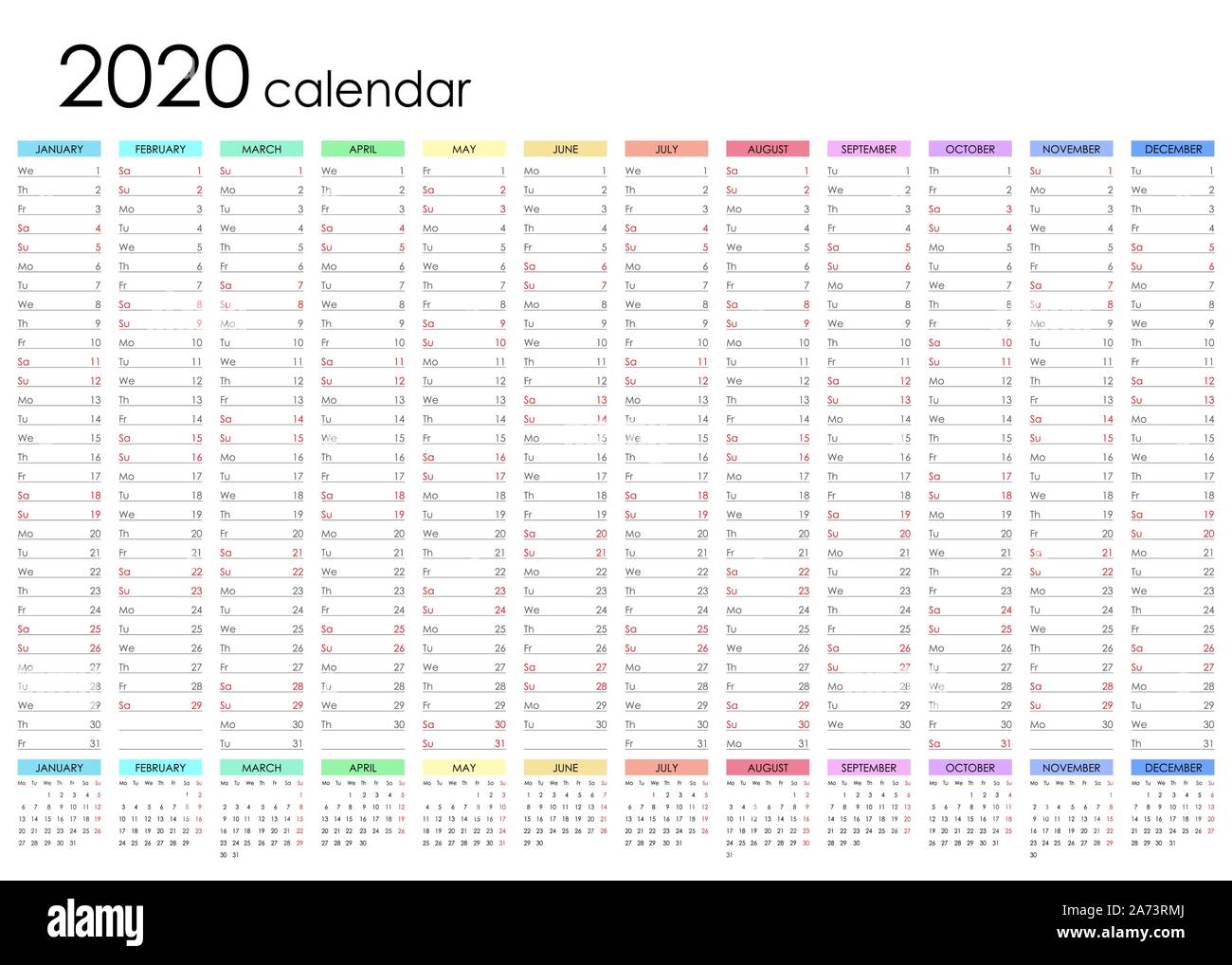 Planner calendar for 2024. Wall organizer, yearly template. One page. Set  of 12 months. English Stock Vector