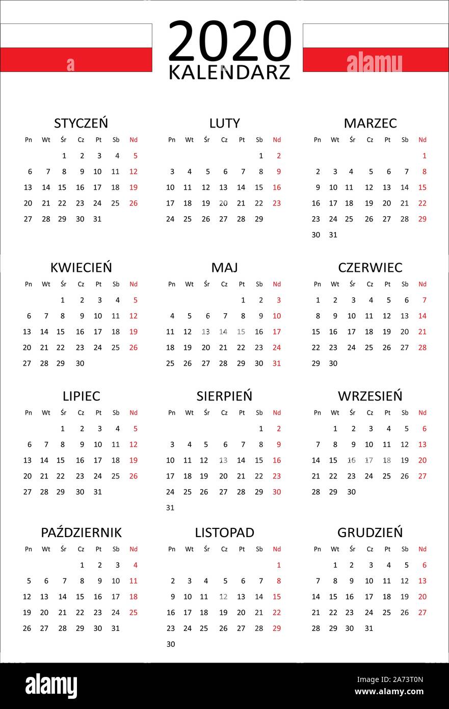Polish calendar for 2020. 12 months on one page. Weekend start from
