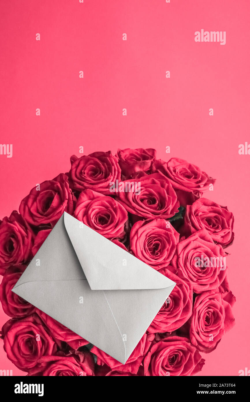 Holidays Gift Floral Present And Happy Relationship Concept Love Letter And Flowers Delivery On Valentines Day Luxury Bouquet Of Roses And Card On Stock Photo Alamy
