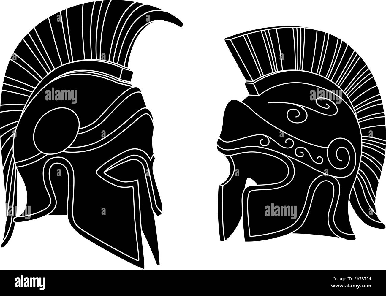 Vector illustration of simplified Greek helmets in flat black and white. Stock Vector