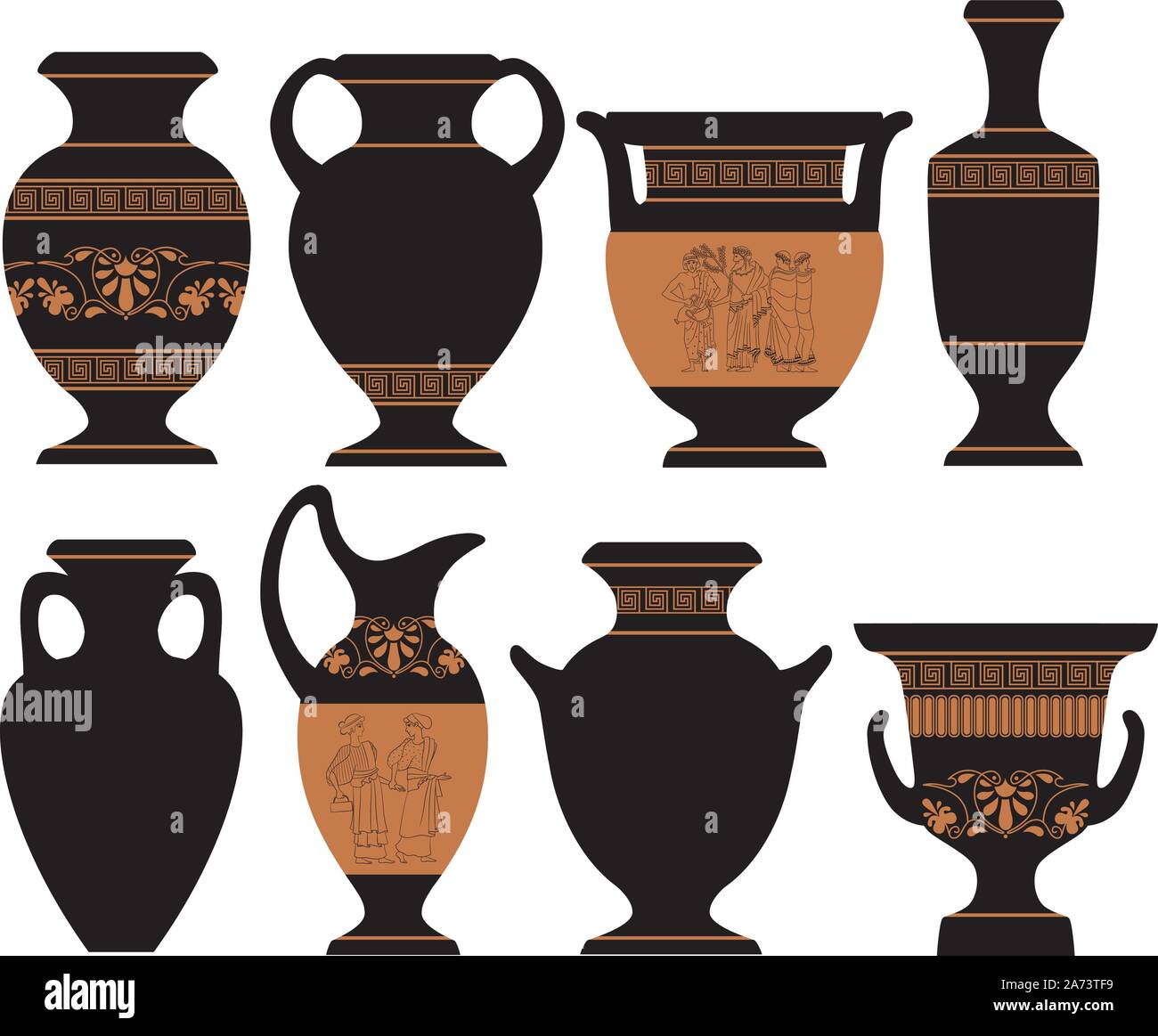 Vector illustration of simplified Greek vases in black Stock Vector