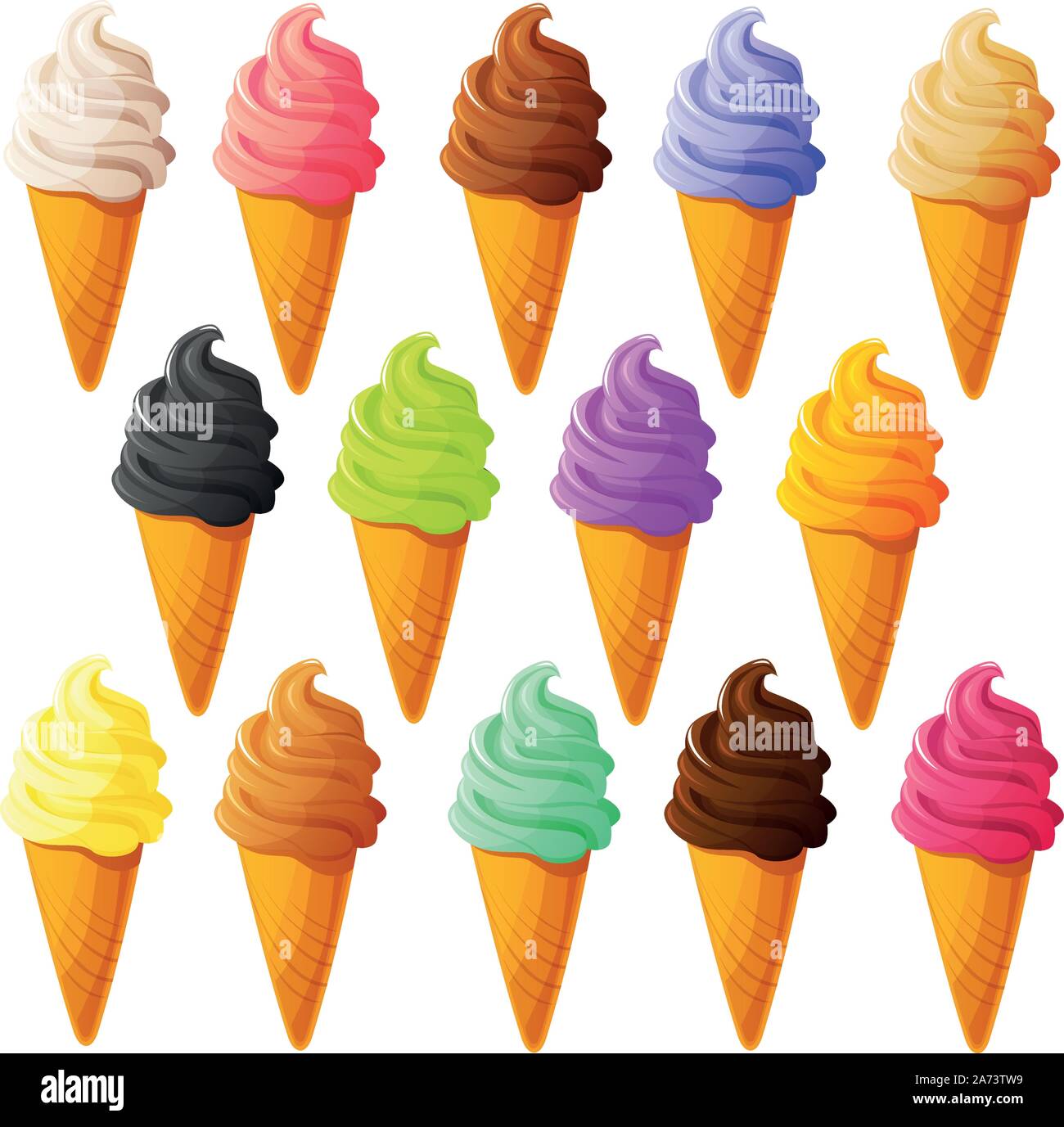 Vector illustration of sugar waffle cones with soft serve ice cream in ...