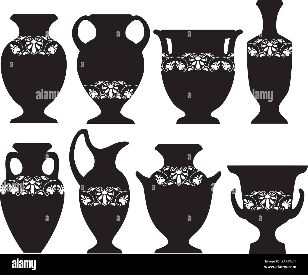 Vector illustration of simplified Greek vases in black Stock Vector